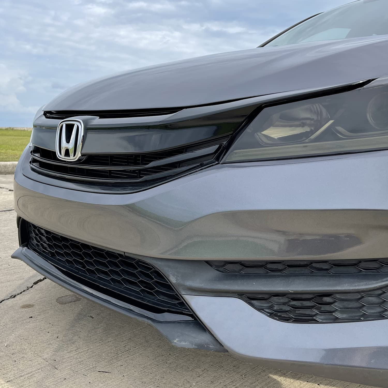 Slickmod Chrome Delete Blackout Vinyl Overlay For 2016-2017 Honda Accord Sedan Front Grill Trim (Full Kit, Gloss Black)