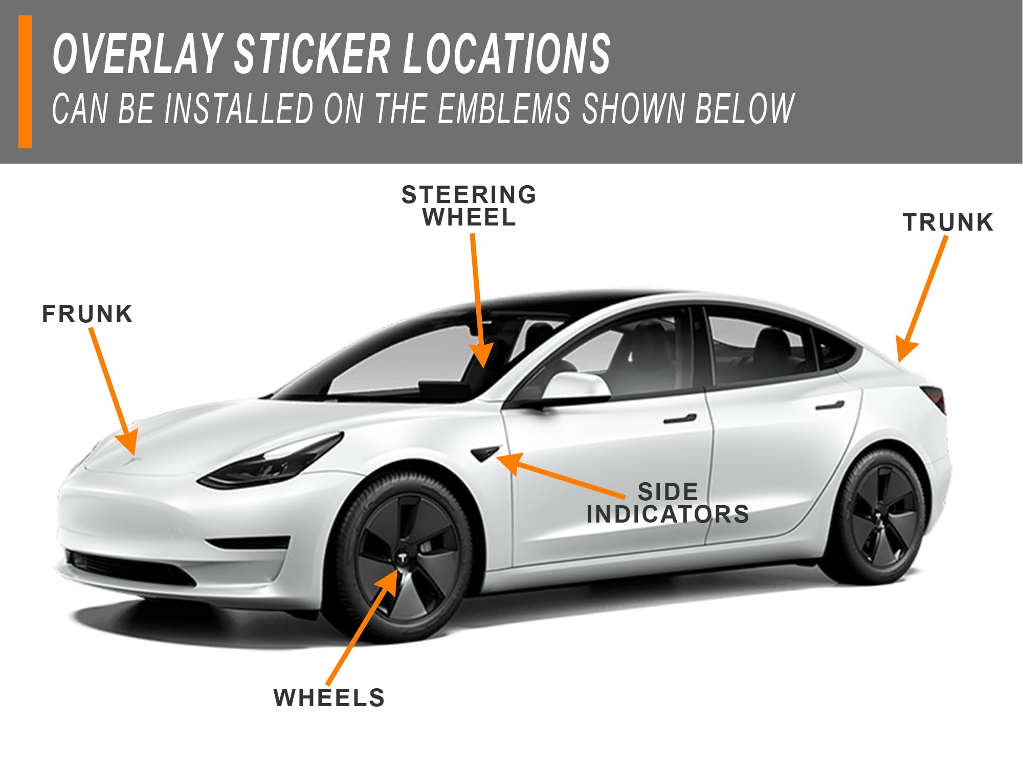 Logo Decal Overlay Stickers For Tesla Model 3 (2017 To 2023), Standard Wrap, 11-Pc Set (Gloss Gold)