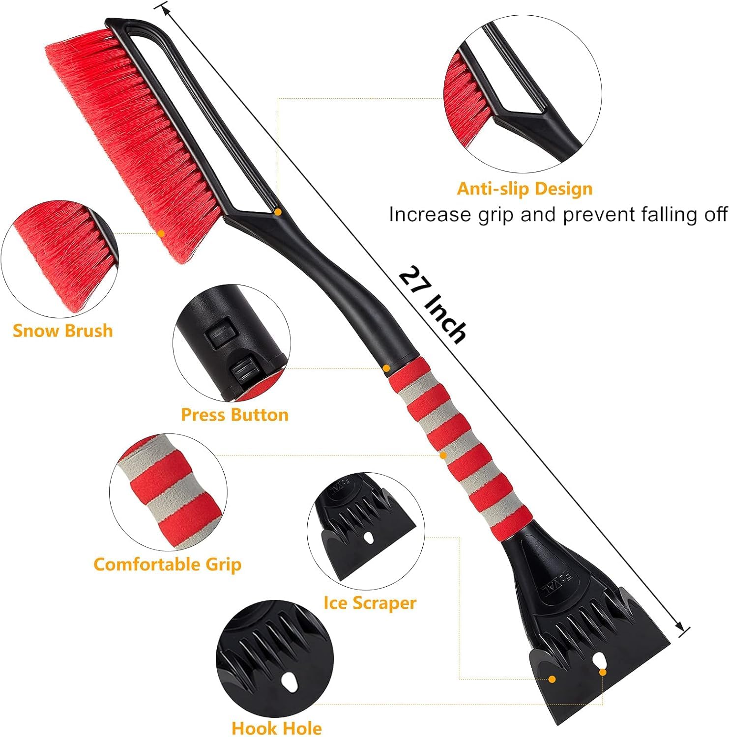 Foval 27 '' Snow Brush With Wider Ice Scraper (4.73 '' Width), Snow Removal Tool Car Brush With Ergonomic Comfortable Foam Grip
