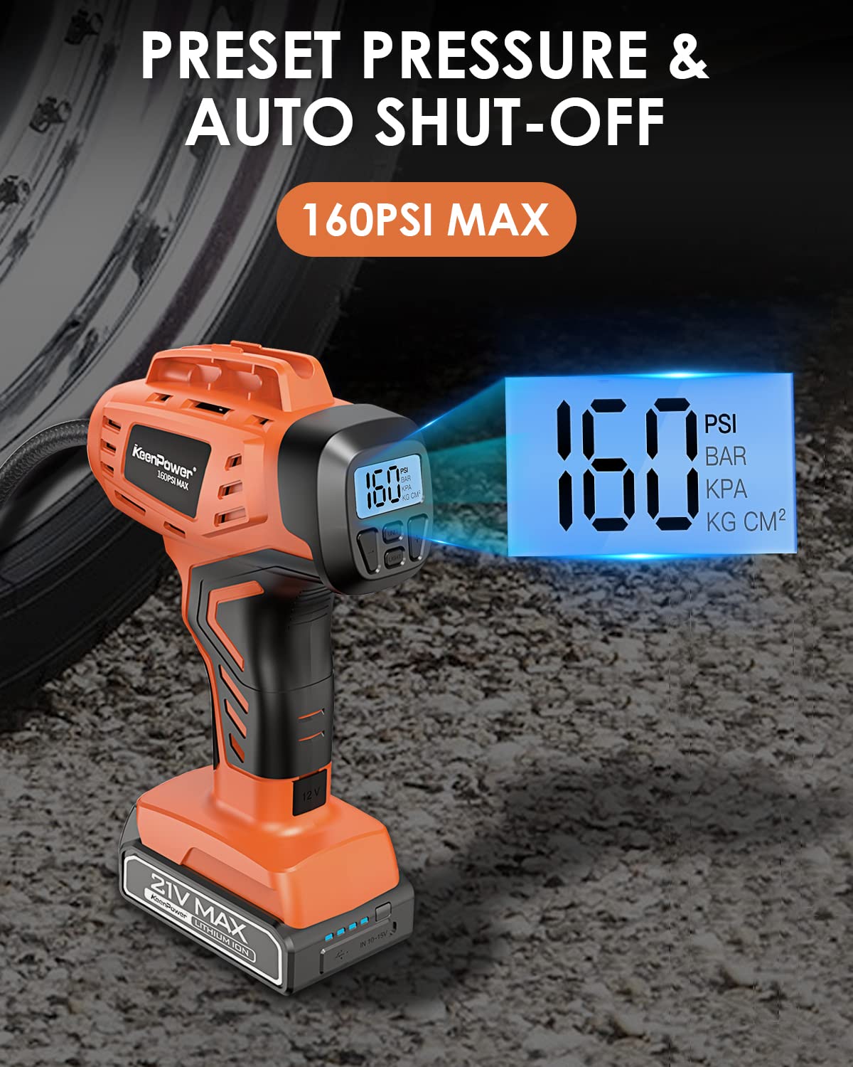 Keenpower Tire Inflator Air Compressor, 21V Cordless Car Tire Pump With Rechargeable Li-Ion Battery, 12V Car Power Adapter, Digi
