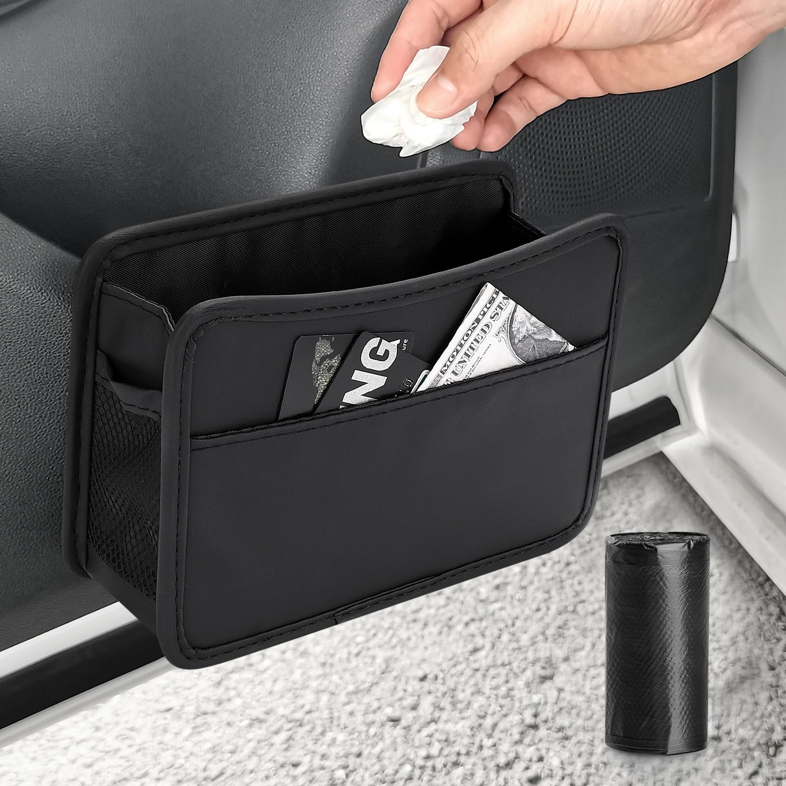 Accmor Collapsible Car Trash Can, Leather Vehicle Garbage Organizer Bin Holder with One Roll Trash Bag, Foldable Hanging Mini Ca