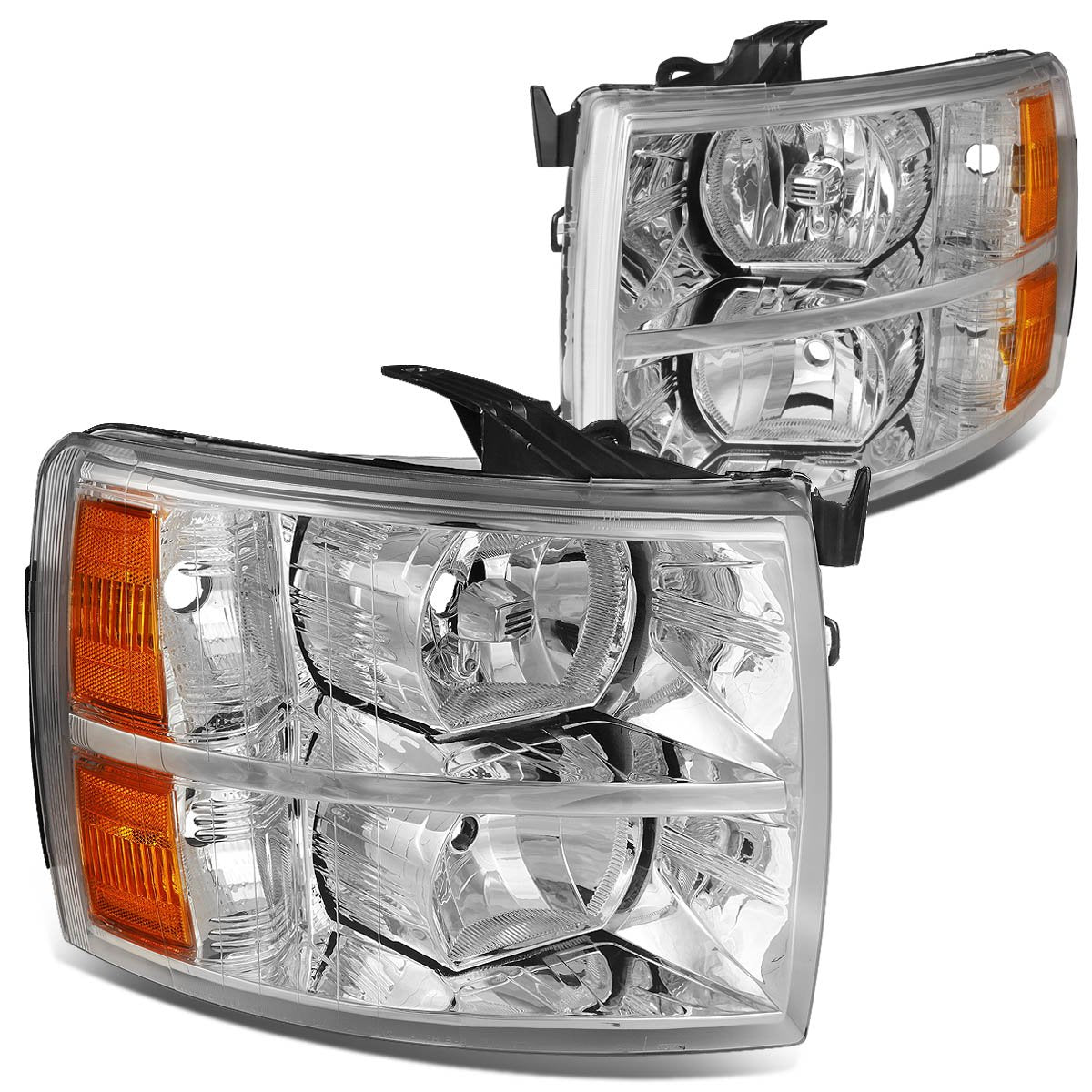 Dna Motoring Hl-Oh-Csil07-Ch-Am Pair Of Chrome Amber Headlights Compatible With 07-13 Silverado 1500/07-14 Silverado 2500 Hd 3500