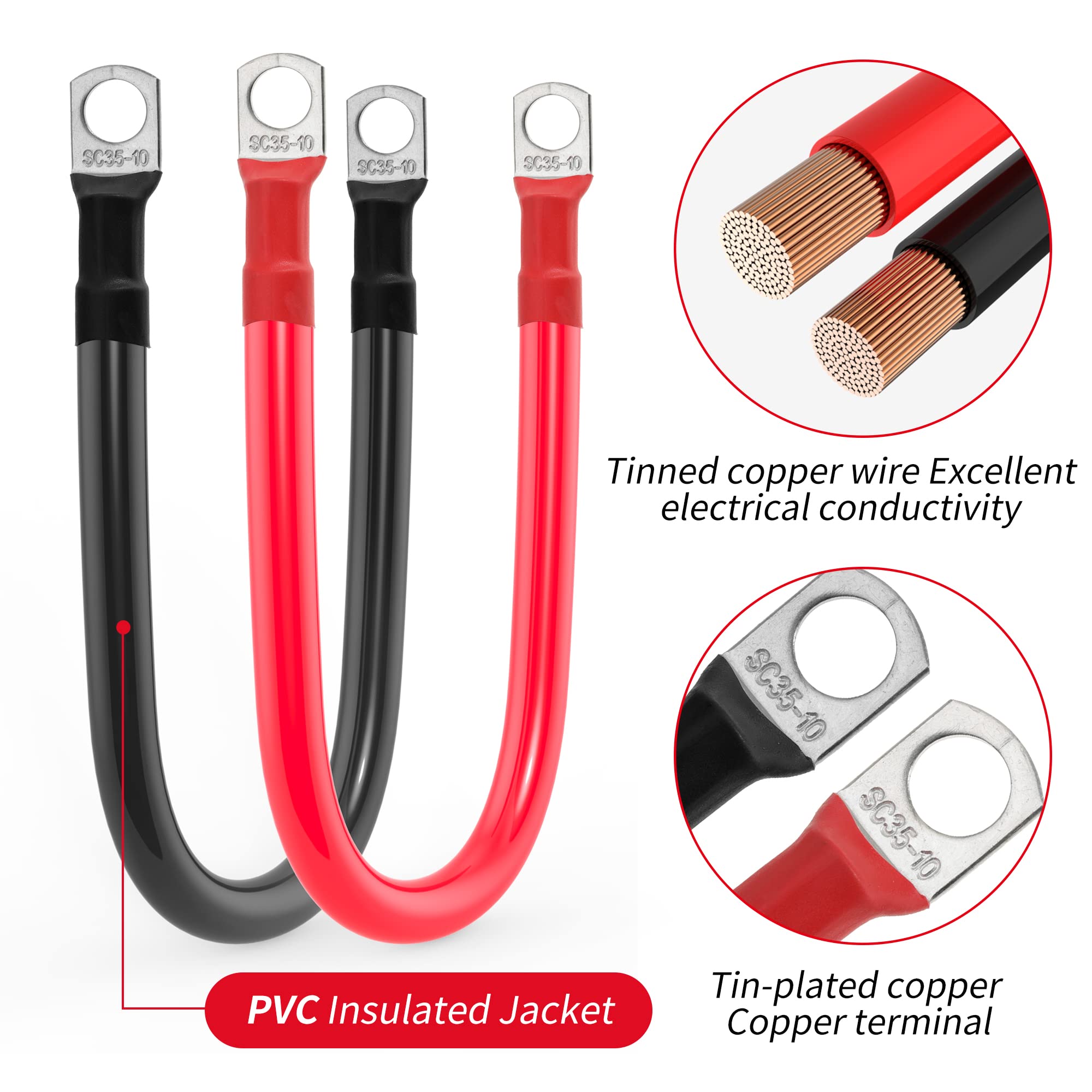 2 Awg Battery Cable 2 Gauge Battery Inverter Cables With 3/8 In Lugs Pure Copper Power Inverter Wire Set For Solar Marine Boat R