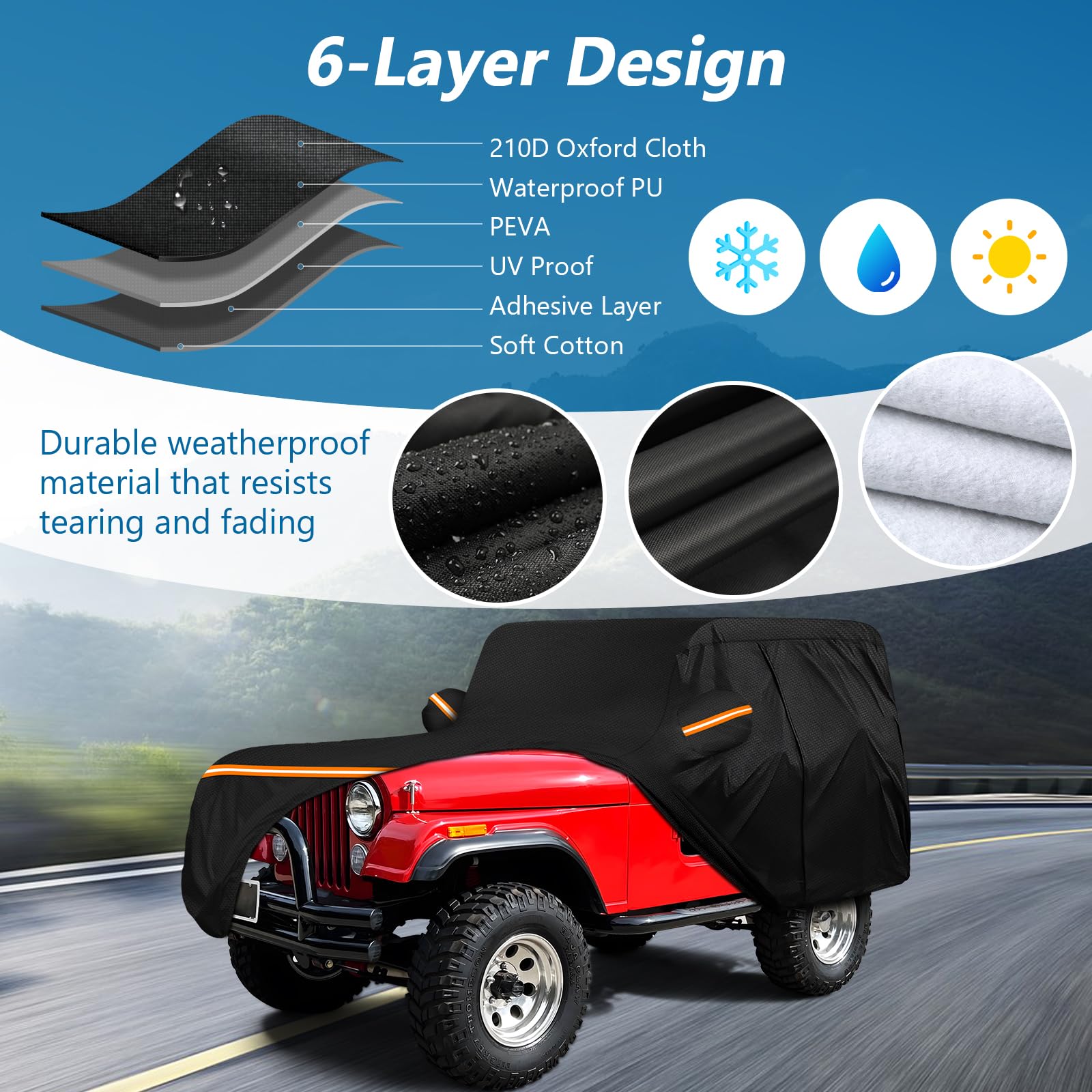 Car Cover For Jeep Cj5 1955-1983, Waterproof 210D Oxford Cloth And Cotton Cover Outdoor Full Car Covers With Zipper Windproof He