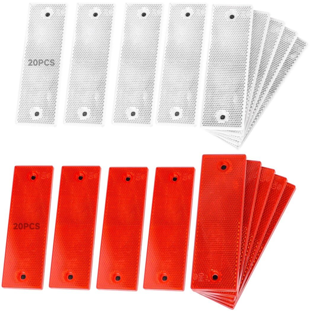Homaisson 40 PCS Self-Adhesive Rectangular Reflectors, Red and White Plastic Car Reflectors, Stick-on or Screw Mount Universal R