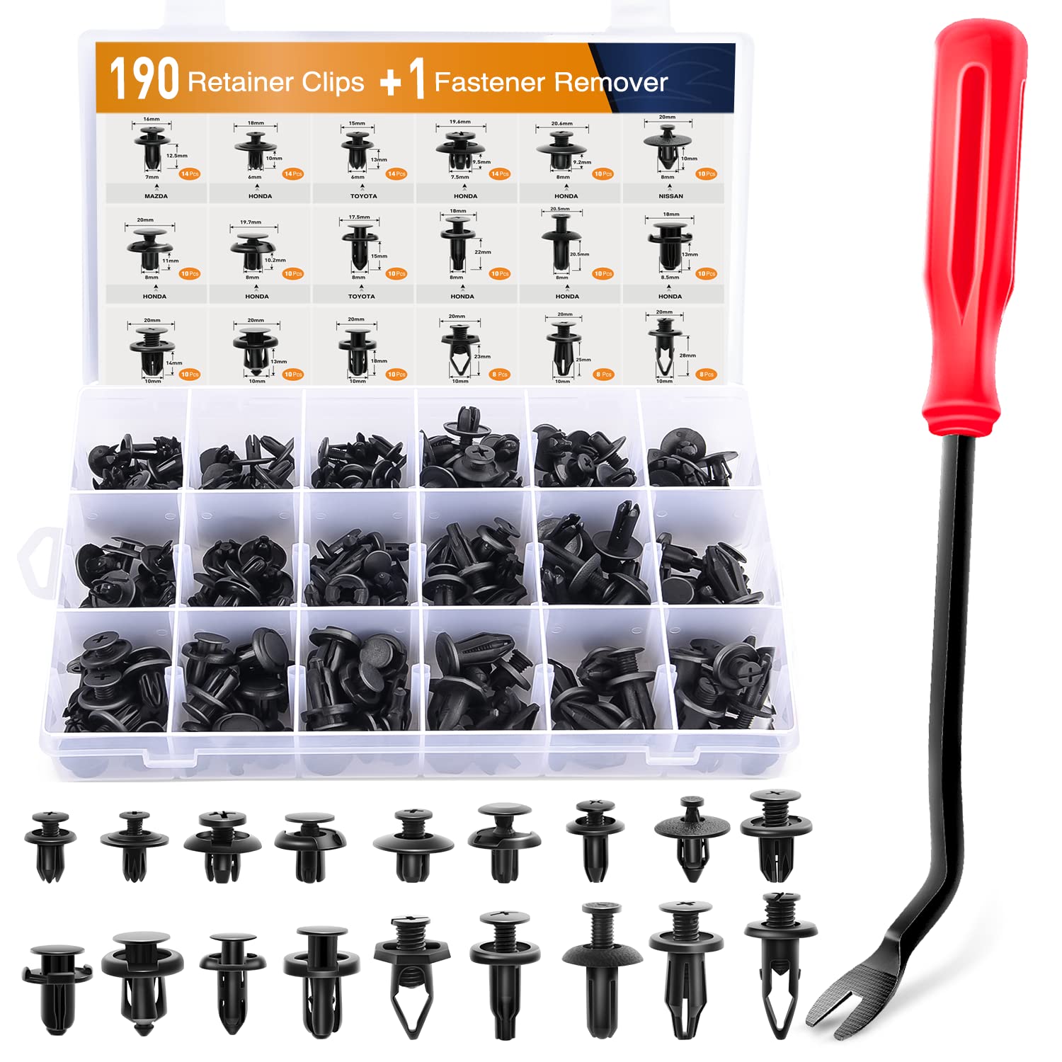 GOOACC 190 Pcs Car Retainer Clips & Fastener Remover - 18 Most Popular Sizes & Applications Auto Push Pin Rivets Set -Door Trim 