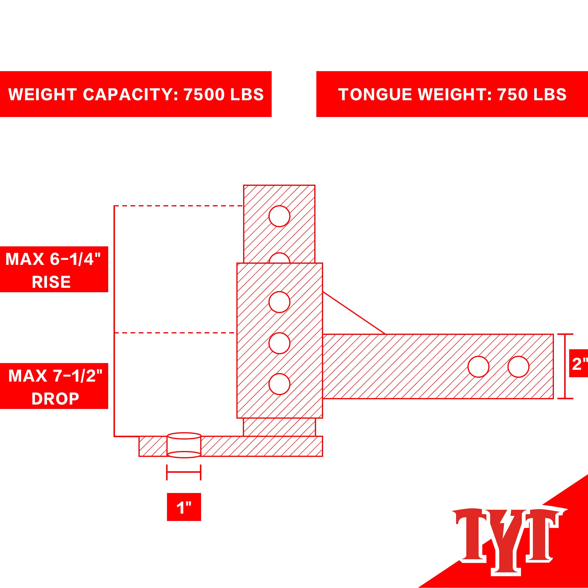 Tyt Adjustable Trailer Hitch Ball Mount With 2 Hitch Pins, 1-Inch Hole, Fits 2-Inch Receiver, 6-1/4'' Rise & 7-1/2'' Drop Tow Hi