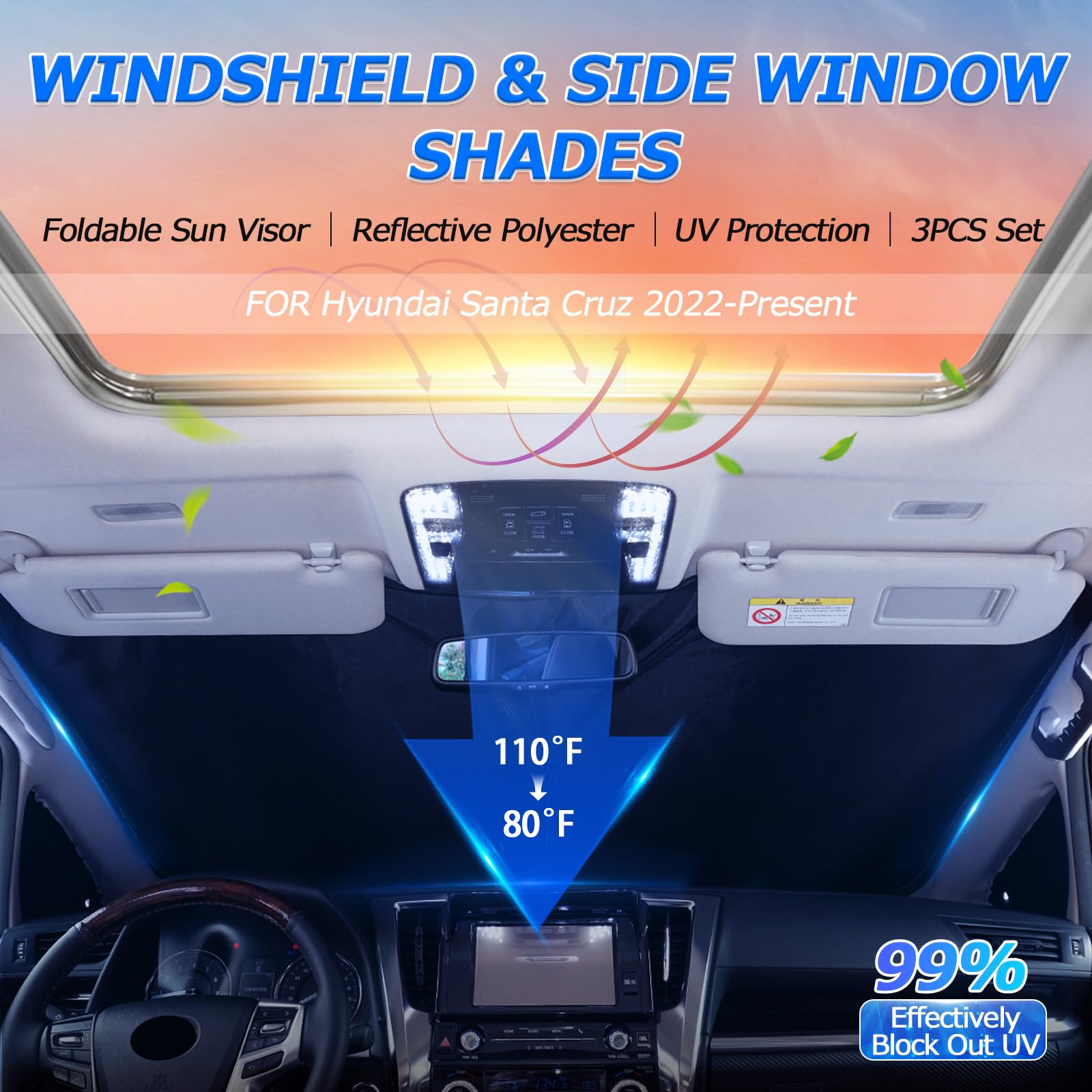 Karltys 3Pcs Windshield Sun Shade For 2022-2025 Hyundai Santa Cruz, 210T Thickened Front And Side Window Sunshade Cover Custom F
