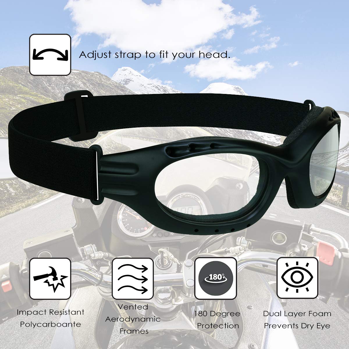 Bikershades Motorcycle Goggles Sunglasses Smoke & Clear Foam Cushion Adjustable Strap Ski Sky Diving
