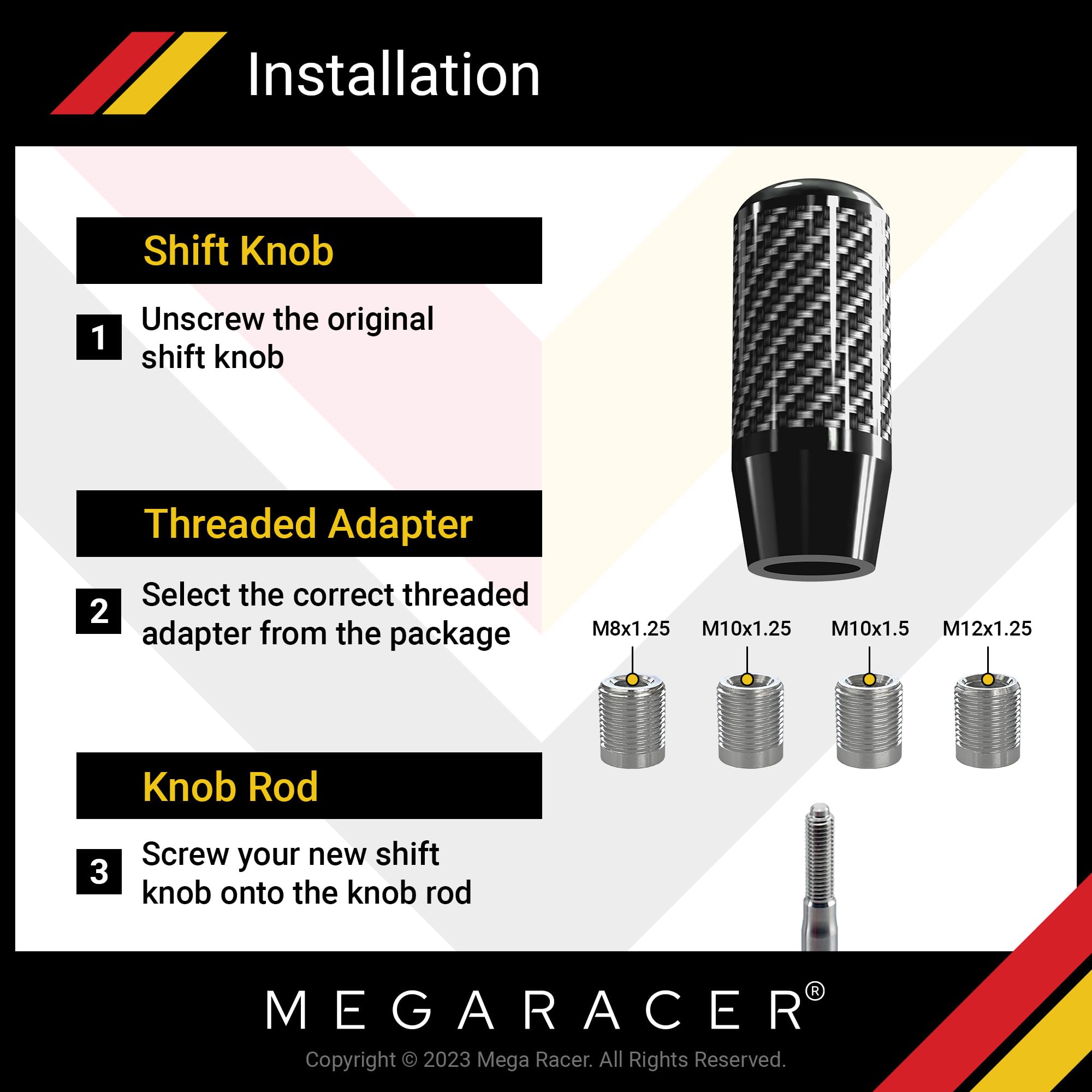 Mega Racer Black Carbon Fiber Shift Knob - Metal Threaded Adapter, Buttonless Automatic, 4 5 6 Speed Manual Transmission, JDM Ca