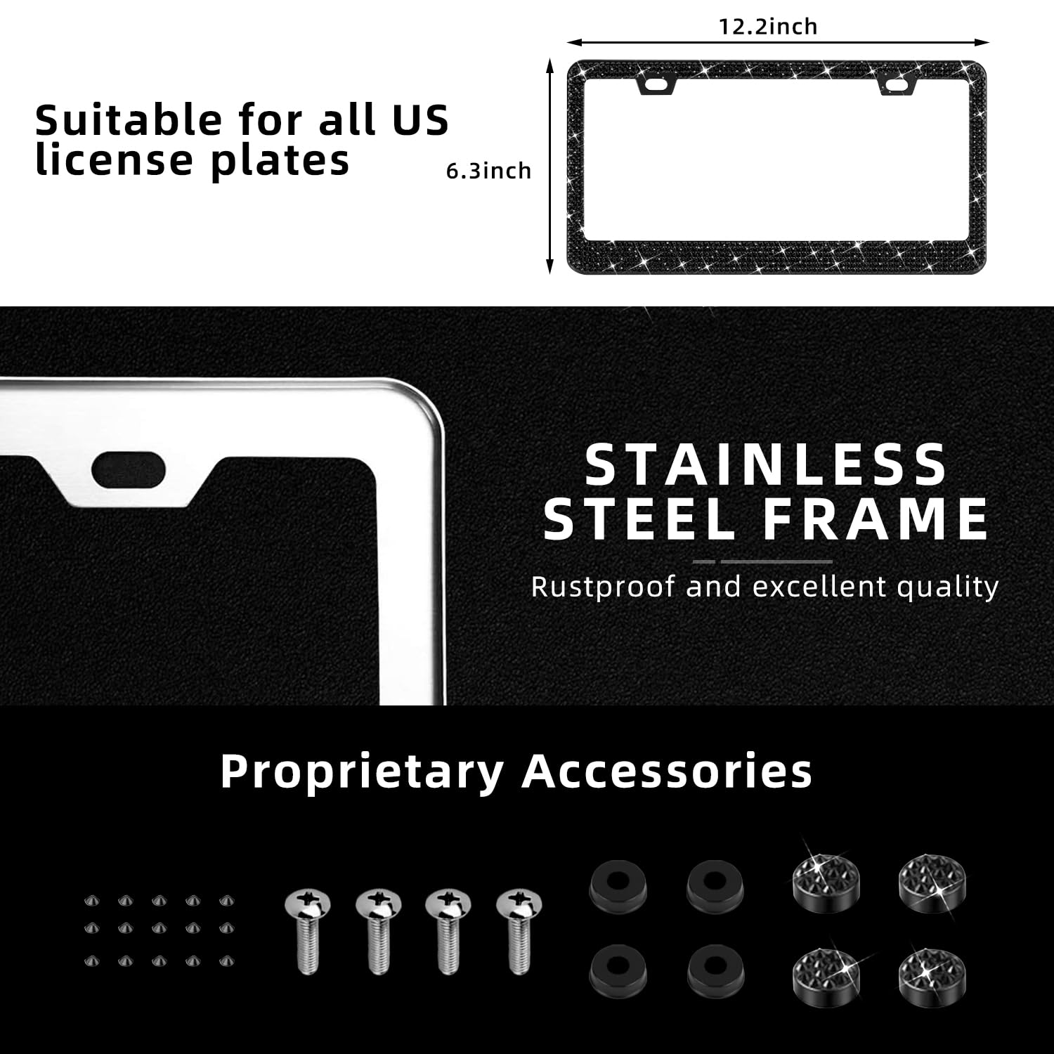 Oklpf Bling License Plate Frame For Women, 2Pcs Sparkly License Plate Frames| Over 1200 Pcs14 Facets Bedazzled Clear Glass Diamo
