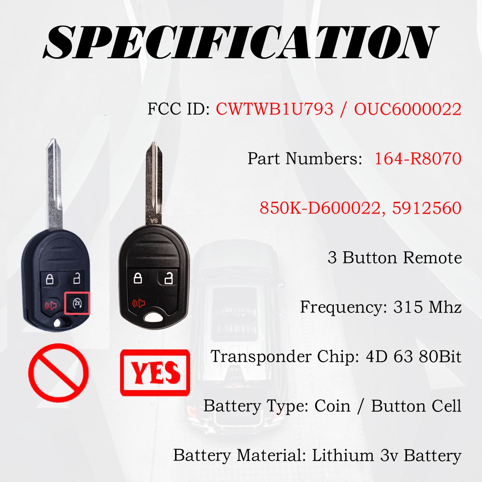 Key Fob Replacement Fits For Cwtwb1U793 Ford F-150 2004-2014 F-250 F-350 2004-2016 F-450 Flex 2009-2017 Explorer 2001-2015 Escap