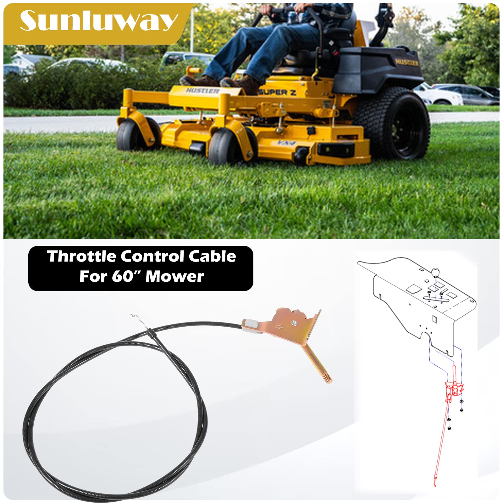 Sunluway 60'' Throttle Control Cable For Hustler Super Z, Super Z Hd, Rd Super Z Hd, Super Z Ex, X-One And Super 104, Replace Oe