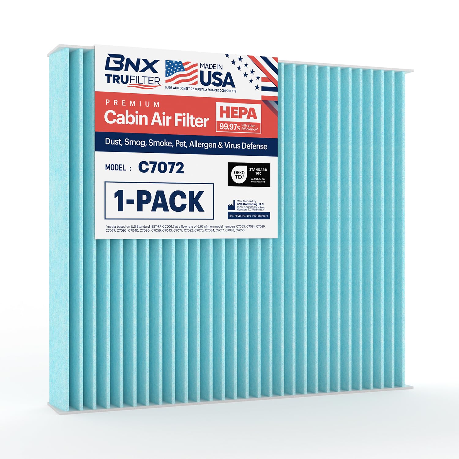 Bnx Trufilter C7072 Cabin Air Filter, Hepa 99.97%, Made In Usa, Compatible With Honda Cr-V (1997-2001) And Honda Insight (2000-2
