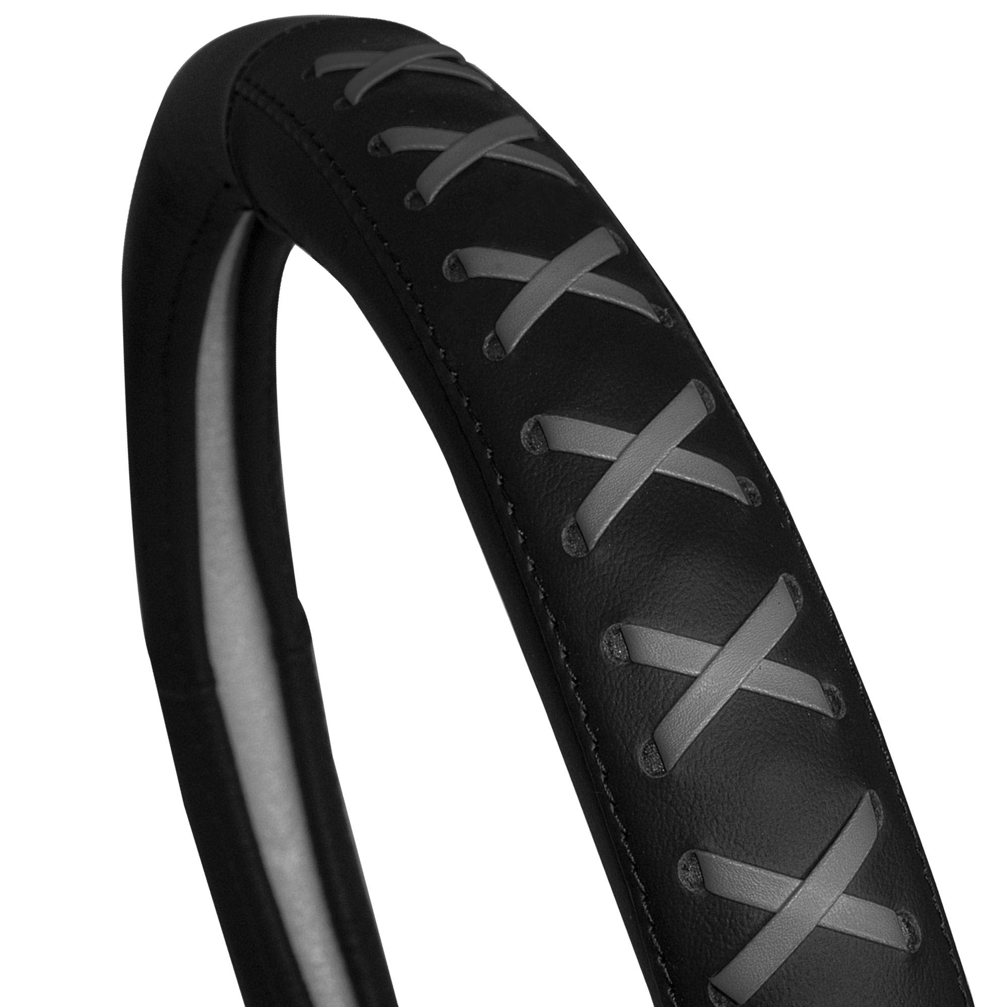 Fh Group Universal Fit 15 Inch Genuine Leather With Lace-Up Detailing Steering Wheel Cover Fits Most Cars, Suvs, And Trucks Gray