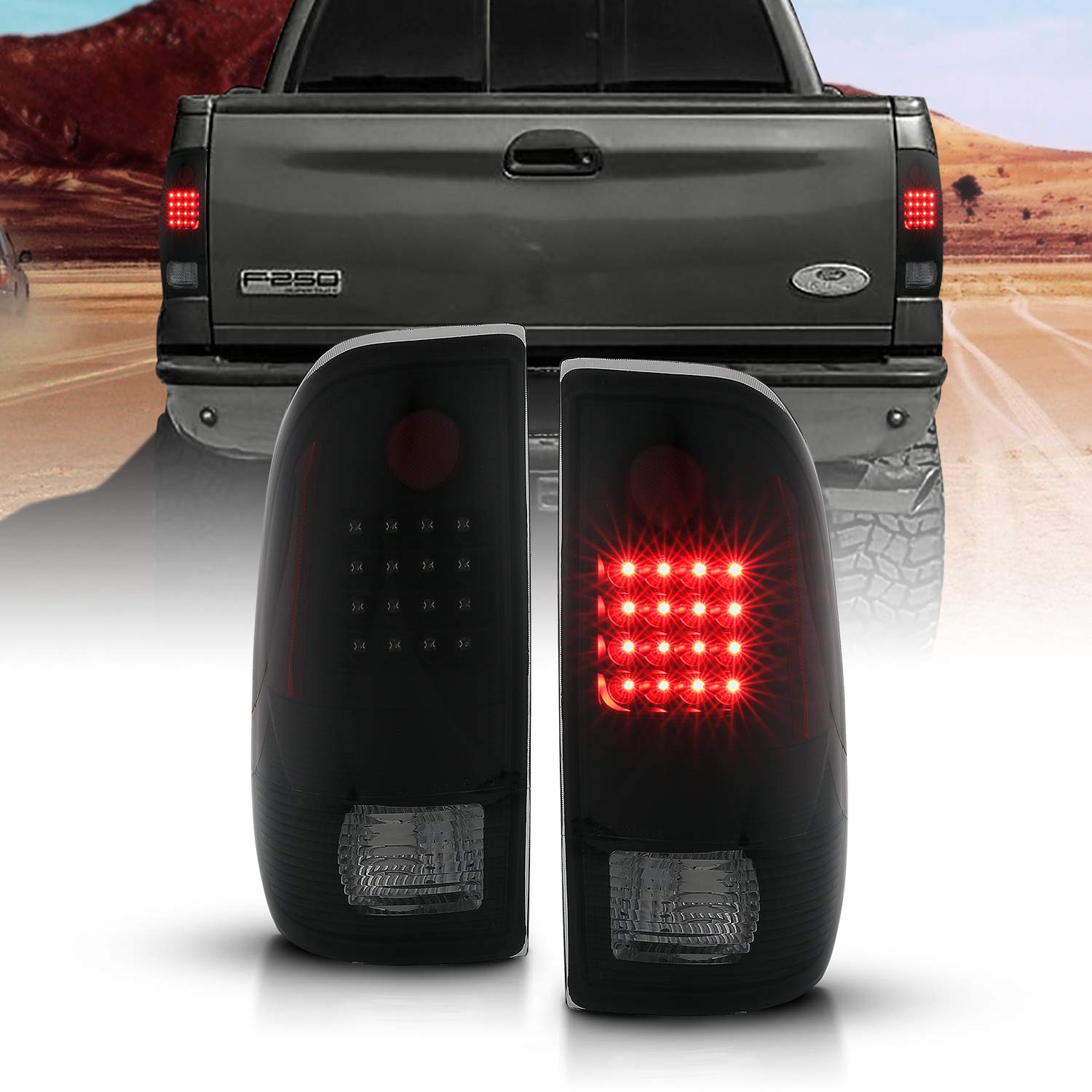 Amerilite Dark Smoke Replacement Led Brake Turn Signal Tail Lights Pair For 97-03 Ford F150 / 99-07 F250 F350 - Driver And Passenger Set