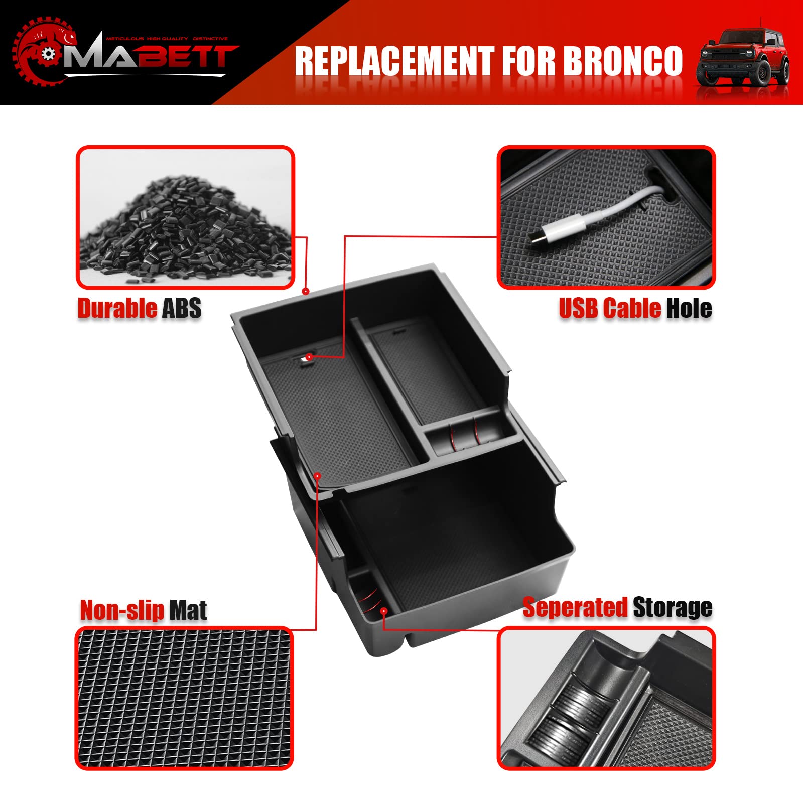 Mabett Console Organizer Tray For Bronco Accessories, Armrest Storage Box Fit Bronco 2021 2022 2023 2024 2/4-Door Wiht Non-Slip