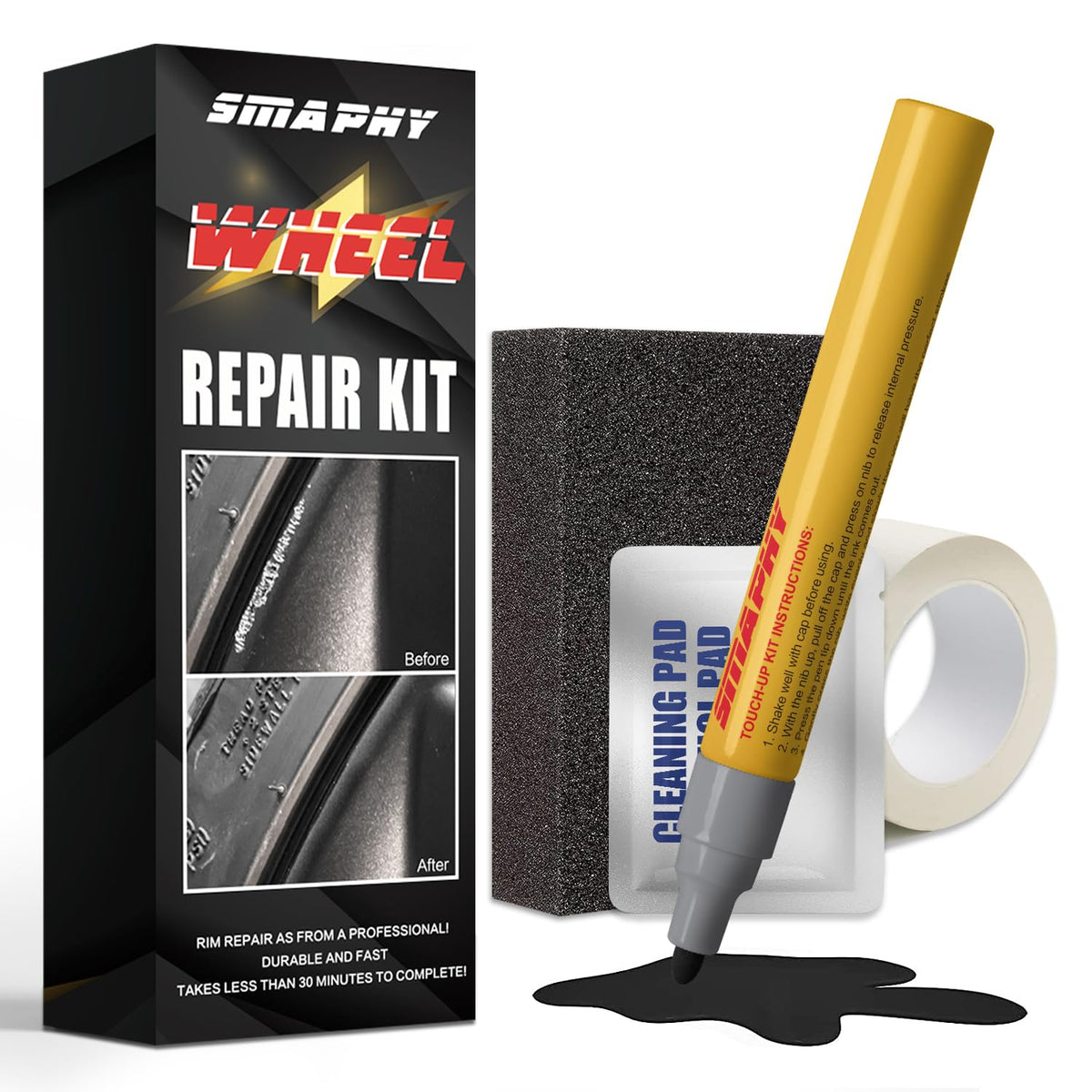 Smaphy Rim Repair Kit Curb Rash, Gloss Black Rim Touch Up Paint, Wheel Scratch Repair Kit Wheel Paint Rim Paint Pen For Wheel Re