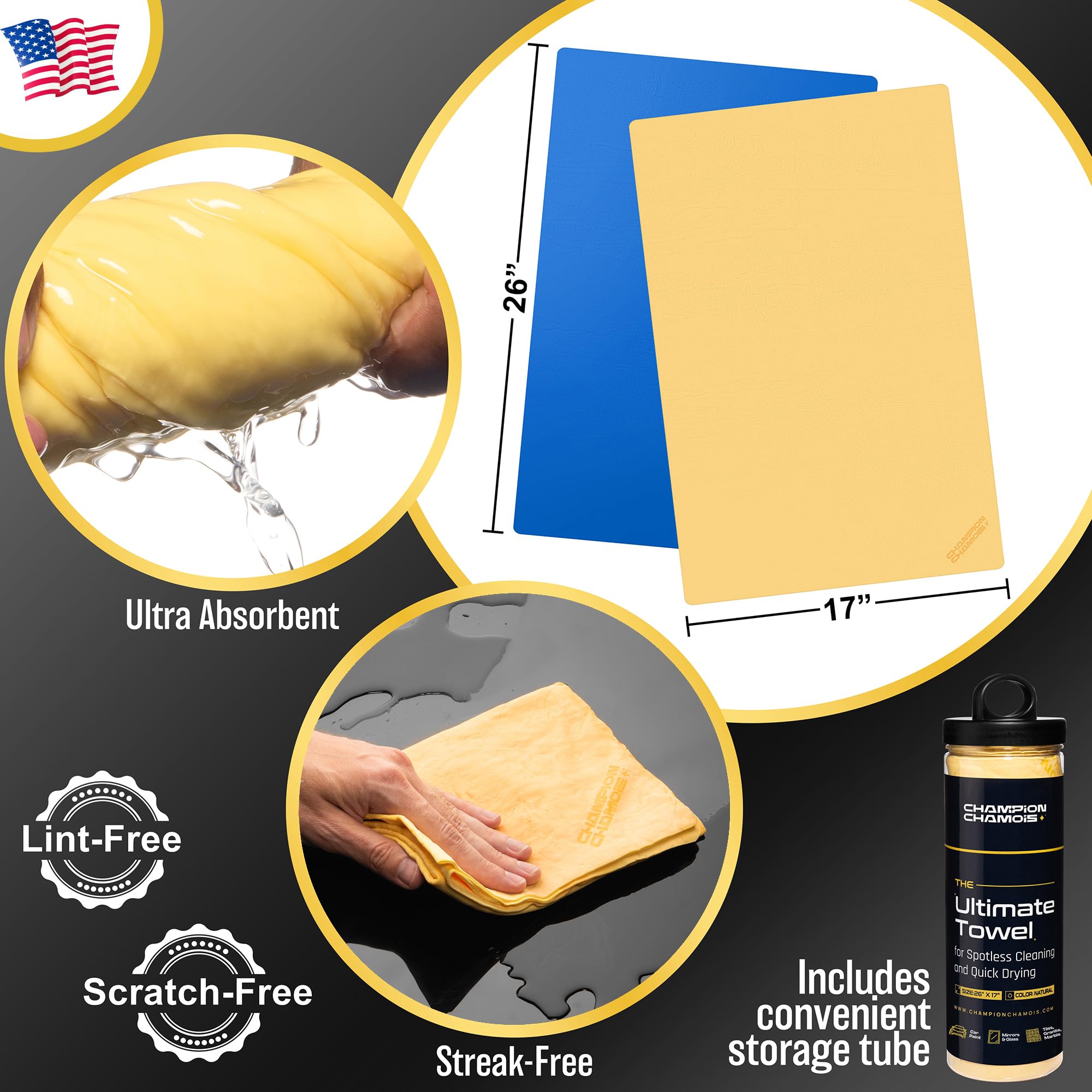 Premium Ultraabsorb+ Shammy Towel For Cars, Boats, Home (26X17) - Super Soft, Scratch Free, Lint Free Chamois Cloth - Reusable Car Drying Towel - Natural/Yellow