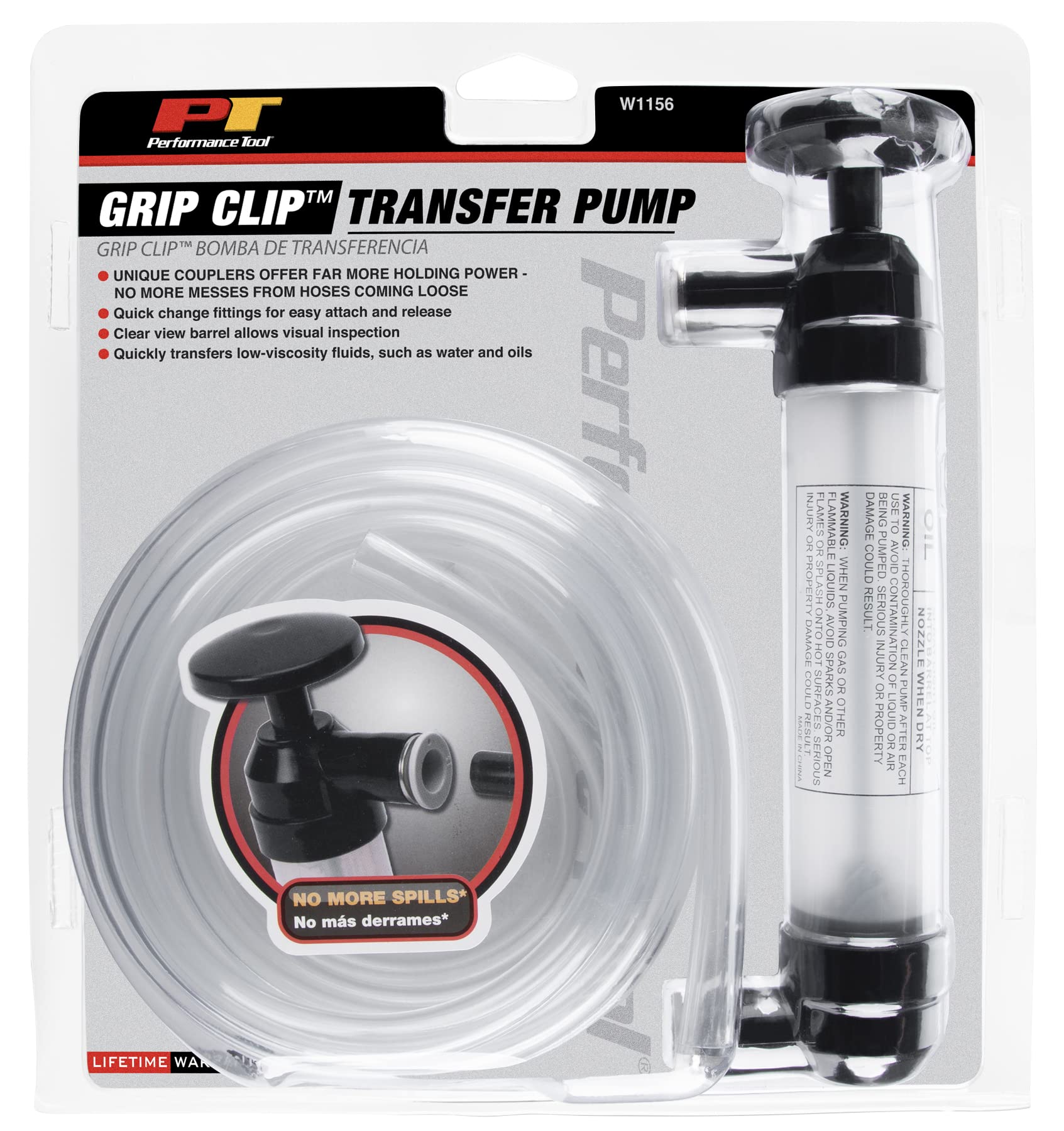 Performance Tool W1156 Grip Clip Transfer Pump/ Siphon Fluid Transfer Pump Kit for Water, Oil, Liquid, and Air, Black/Clear, 48-inch Hoses