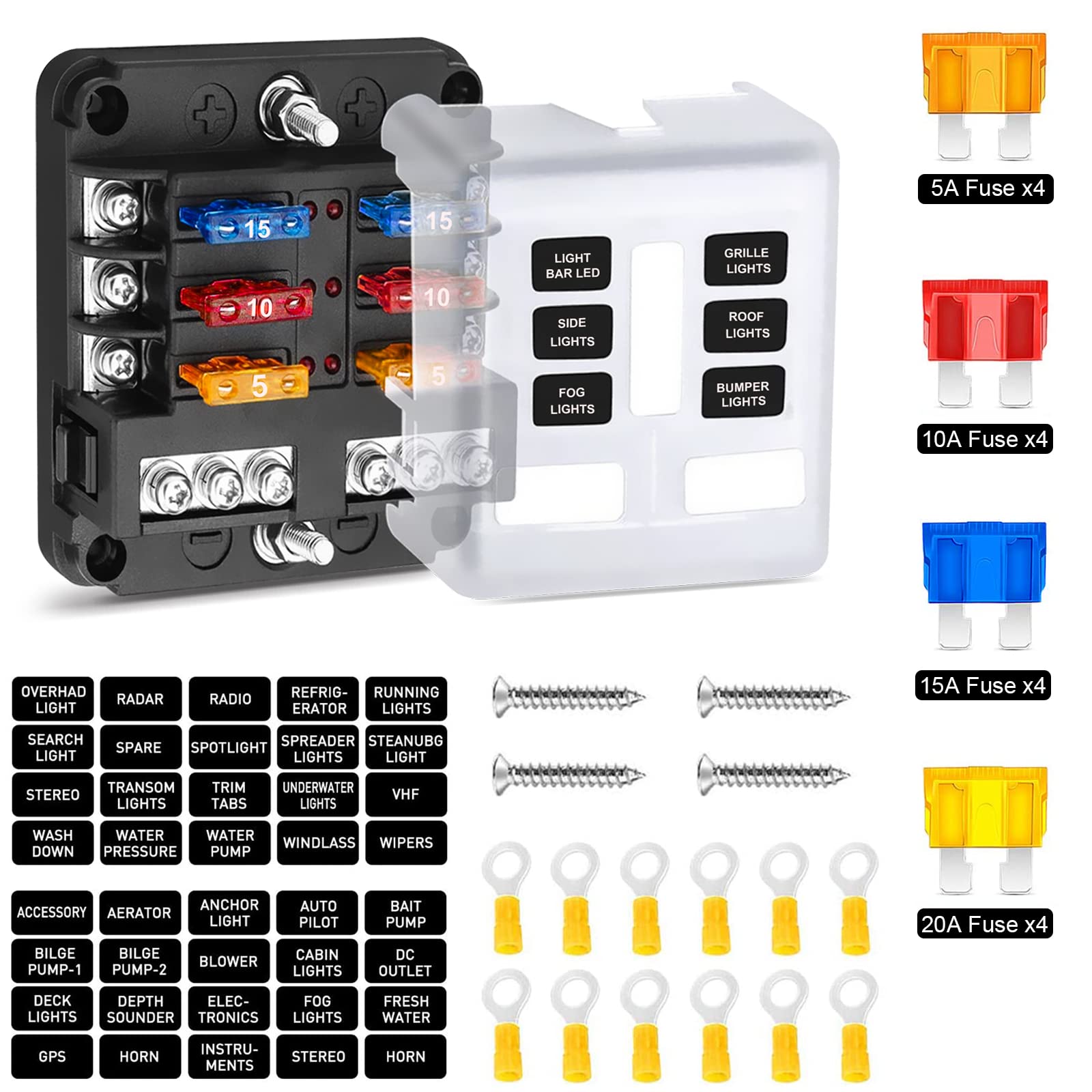 Pseqt Mini 6-Way Blade Fuse Block Box With Negative Bus Atc/Ato & Warning Indicator Waterproof Marine Automotive Standard Circui
