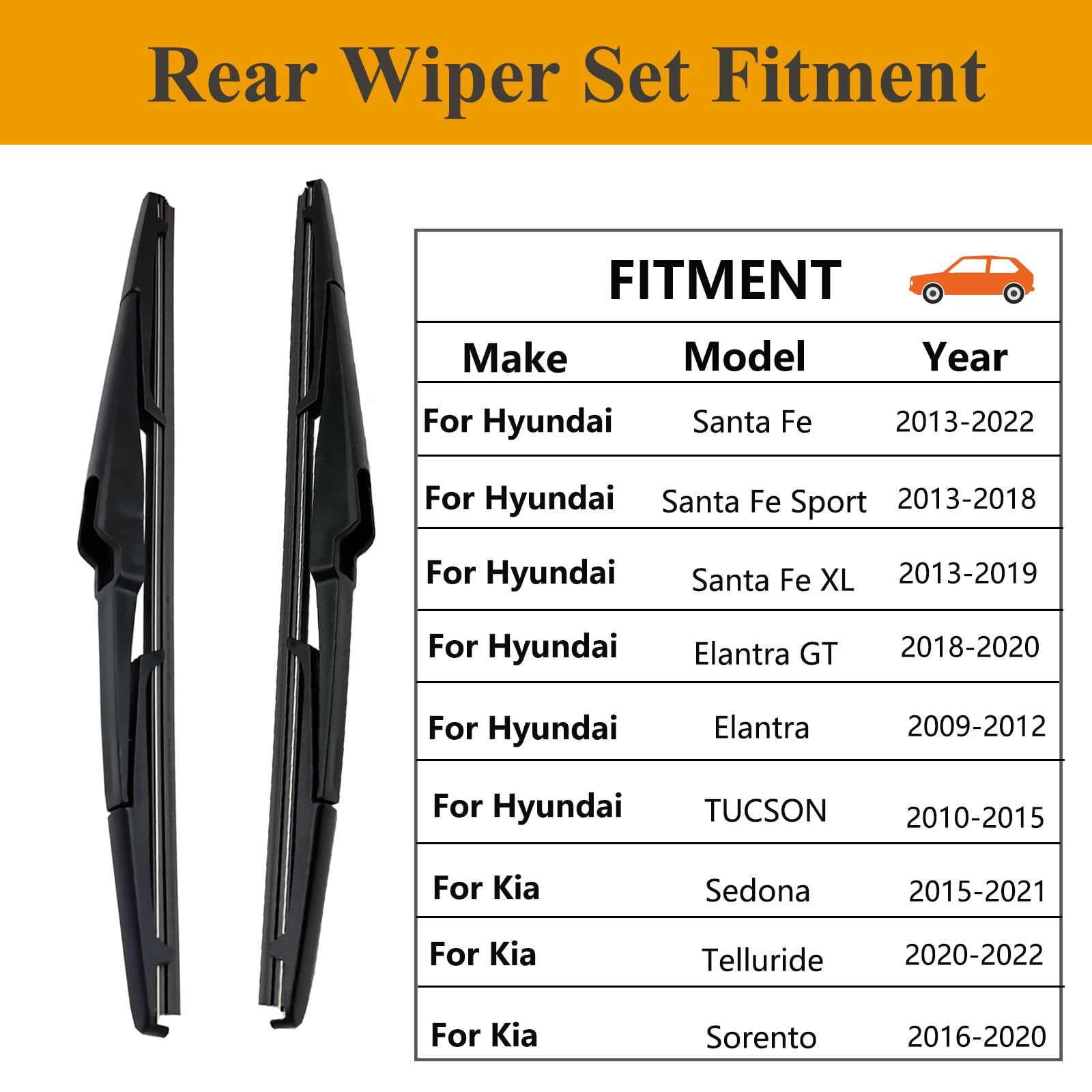 2 Pack Rear Wiper Blades For Hyundai Santa Fe 2013-2022 / Kia Sedona 2015-2021 / Kia Telluride 2020-2022 / Kia Sorento 2016-2020