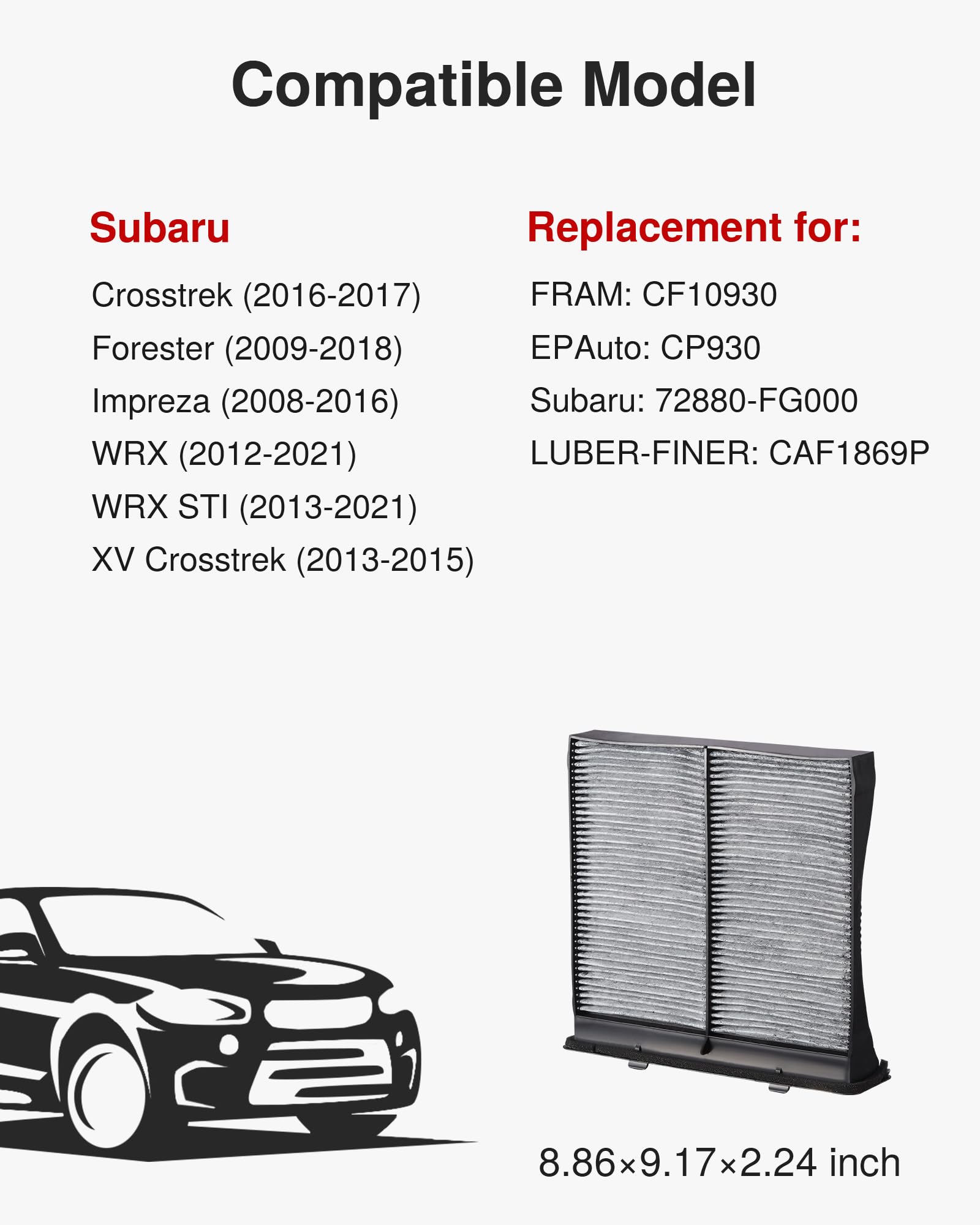 Puroma Cabin Air Filter with Activated Carbon, Replacement for CP930, CF10930, CAF1869P, Subaru: 72880-FG000, Compatible with Cr