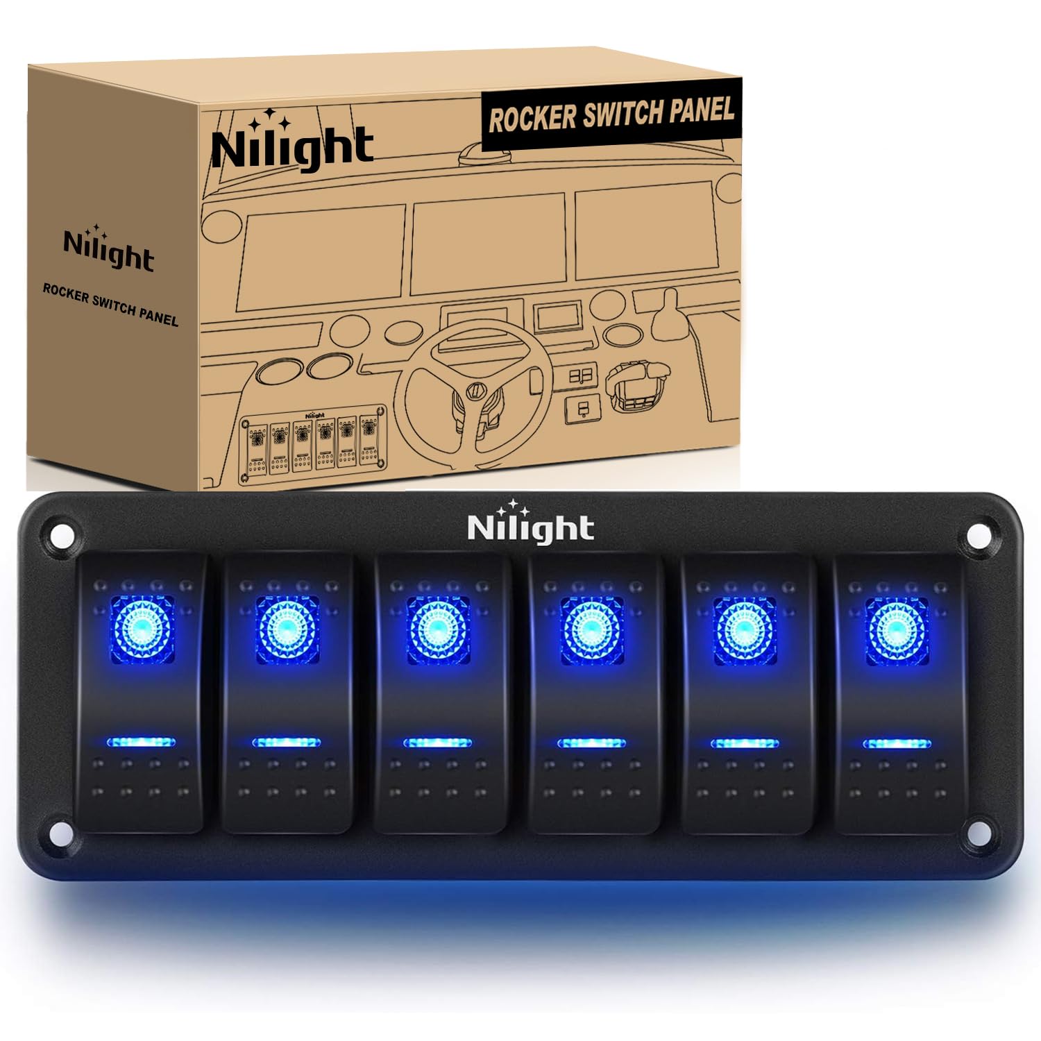 Nilight-90111F 6 Gang Aluminum Rocker Switch Panel Toggle Dash 5 Pin ON/Off Pre-Wired Rocker Switch Blue Backlit Switch for Auto