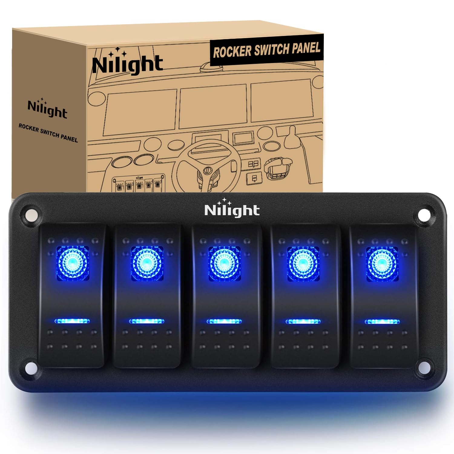 Nilight - 90110E 5 Gang Aluminum Rocker Switch Panel Toggle Dash 5 Pin On/Off Pre-Wired Rocker Switch Blue Backlit Switch For Au