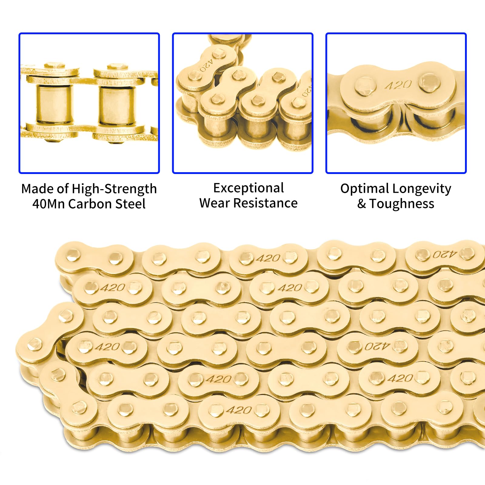 Belleone 420 Gold Motorcycle Chain 132 Links With Chain Breaker, 420 Standard Roller Chain With 10 Connecting Master Links Heavy