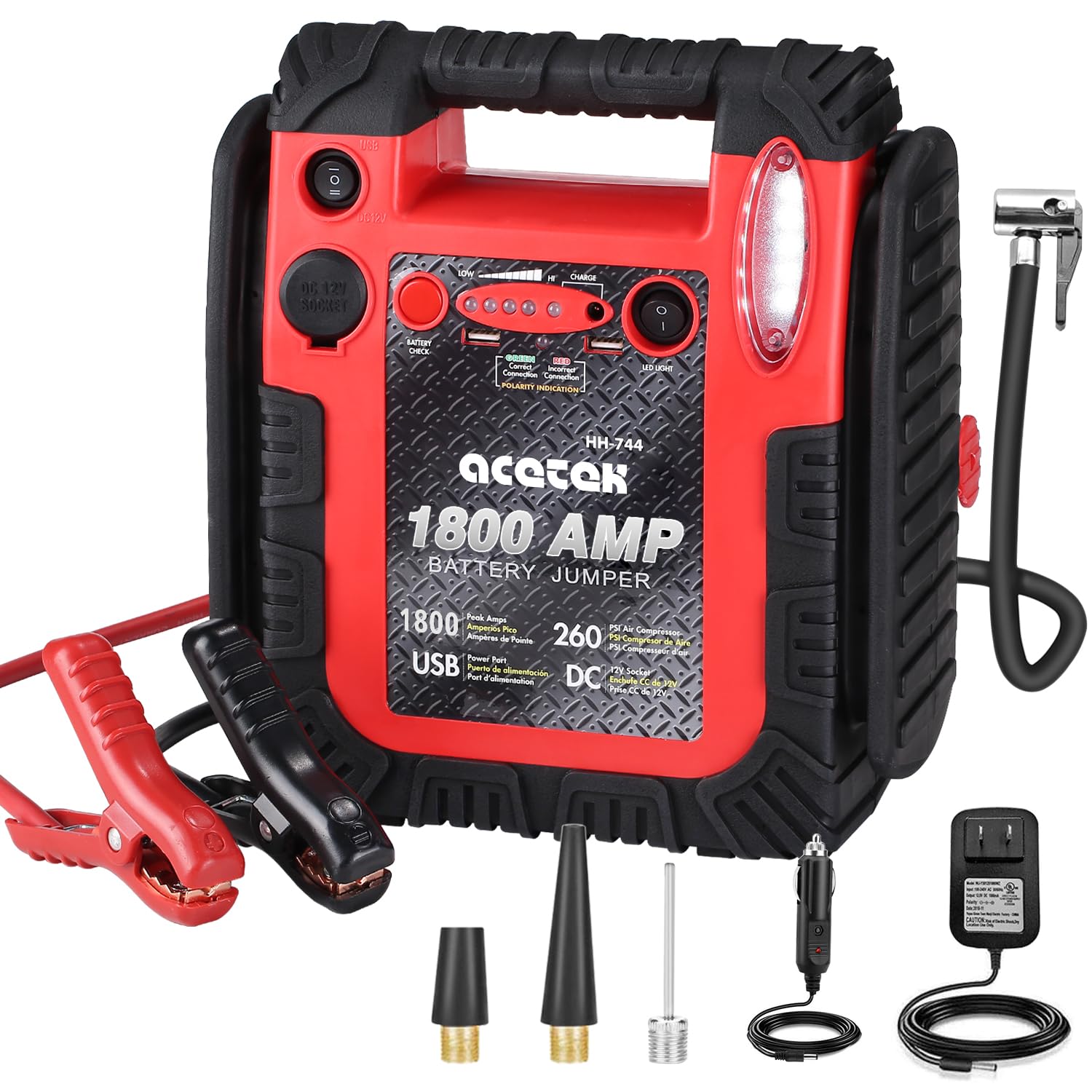 1800 Amp Jump Starter With Air Compressor, Acetek Car Battery Jump Starter 260 Psi Tire Inflator, 20000Mah 12V Auto Lead-Acid Battery Booster (Up To 6L Gas Or 6L Diesel Engine) With Led Light & Usb