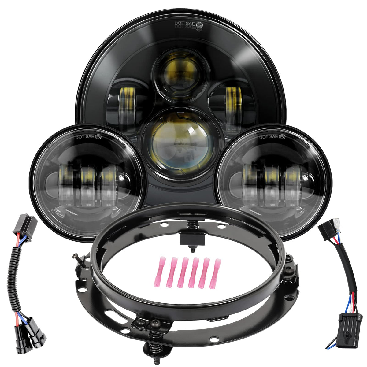 Wisamic Motorcycle Led Headlight 7Inch, 4.5 Inch Passing Lamps Fog Lights And Mounting Ring, Compatible With Harley Davidson Road King Ultra Classic Electra Street Glide Softail Deluxe Fatboy (Black)