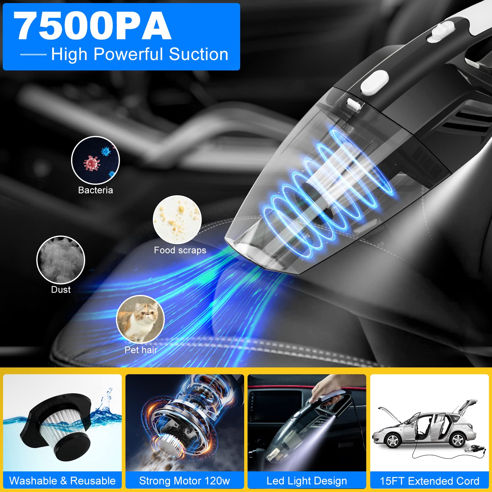 Autodeco 20Pcs Car Cleaning Wash Kit Interior Detailing Cleaner Kit With High Power Handheld Vacuum, Brush Set, Windshield Tool,