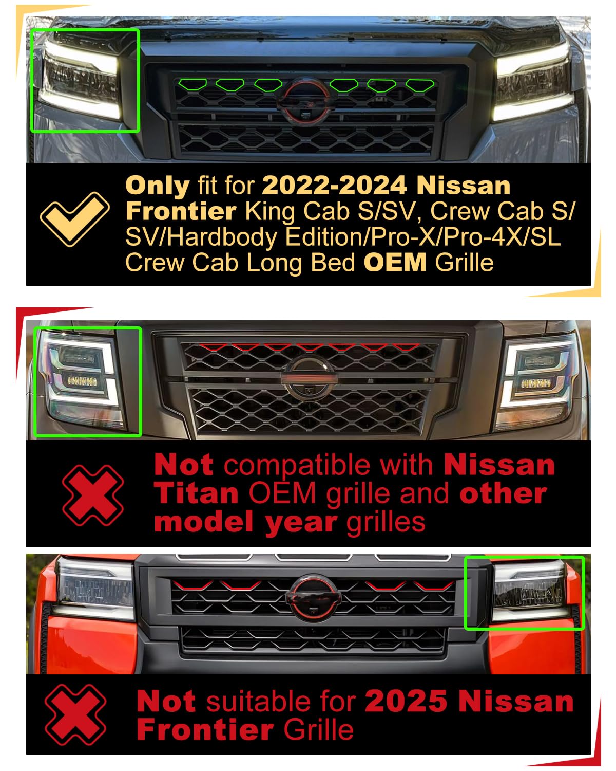 OKLSG LED Grille Lights for 2022-2024 Nissan Frontier, Amber, D41 Model, OEM Grill Raptor Lights, Yellow