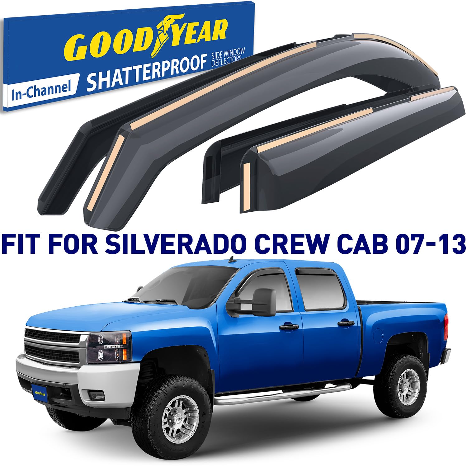 Goodyear Shatterproof In-Channel Window Deflectors For Trucks Chevrolet (Chevy) Silverado/Gmc Sierra 2007-2013 Crew Cab, Rain Gu