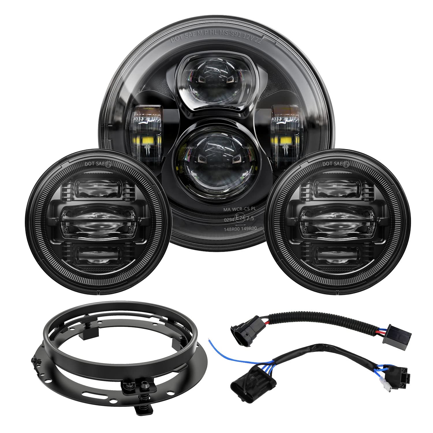 4X4Flstc 7 Inch Led Motorcycle Headlight 4.5 Inch Fog Passing Light Kit Ring For Touring Street Glide Road King Fatboy Heritage 