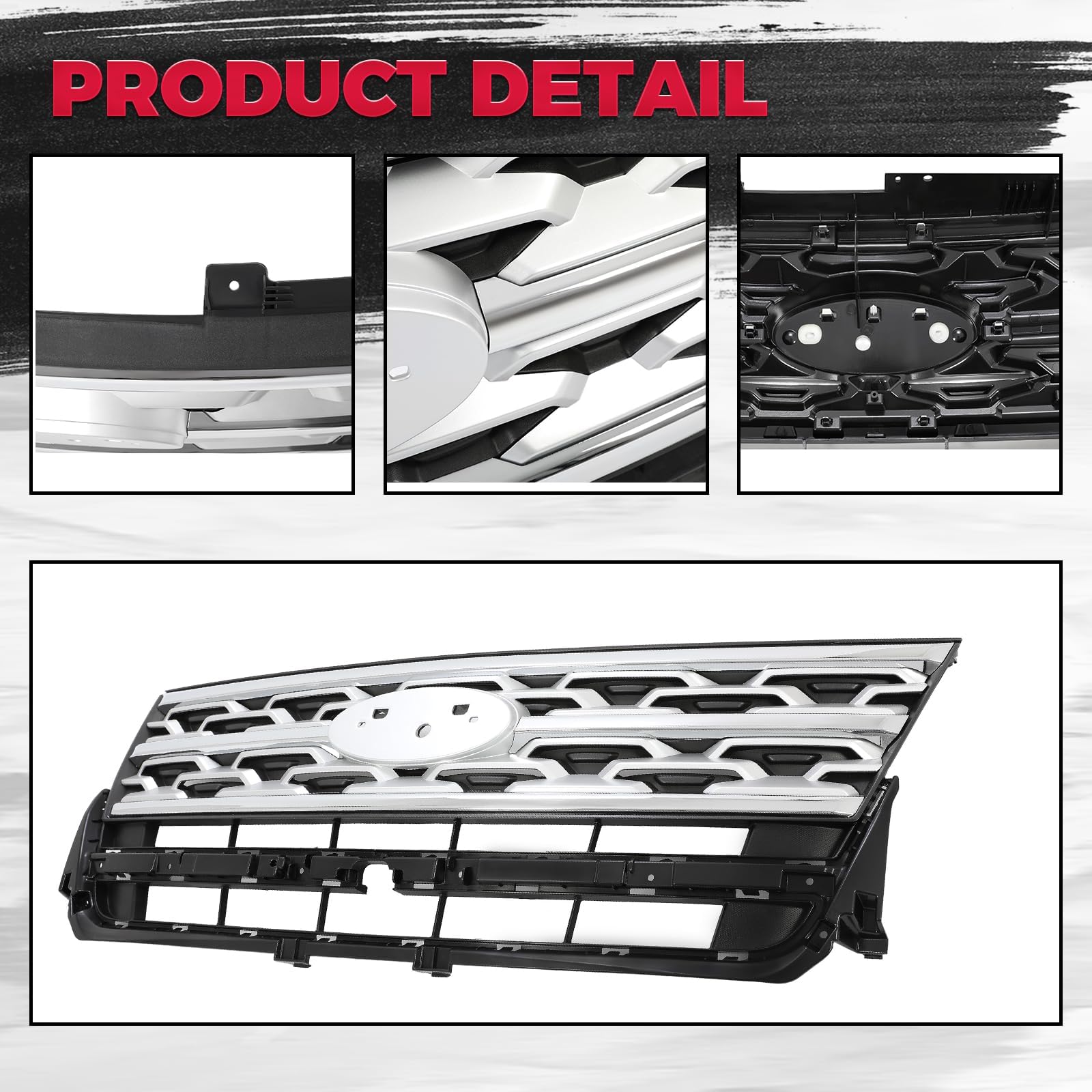 HECASA Front Grille Grill Compatible with 2018-2019 Ford Explorer Front Bumper Upper Hood Grill Chrome