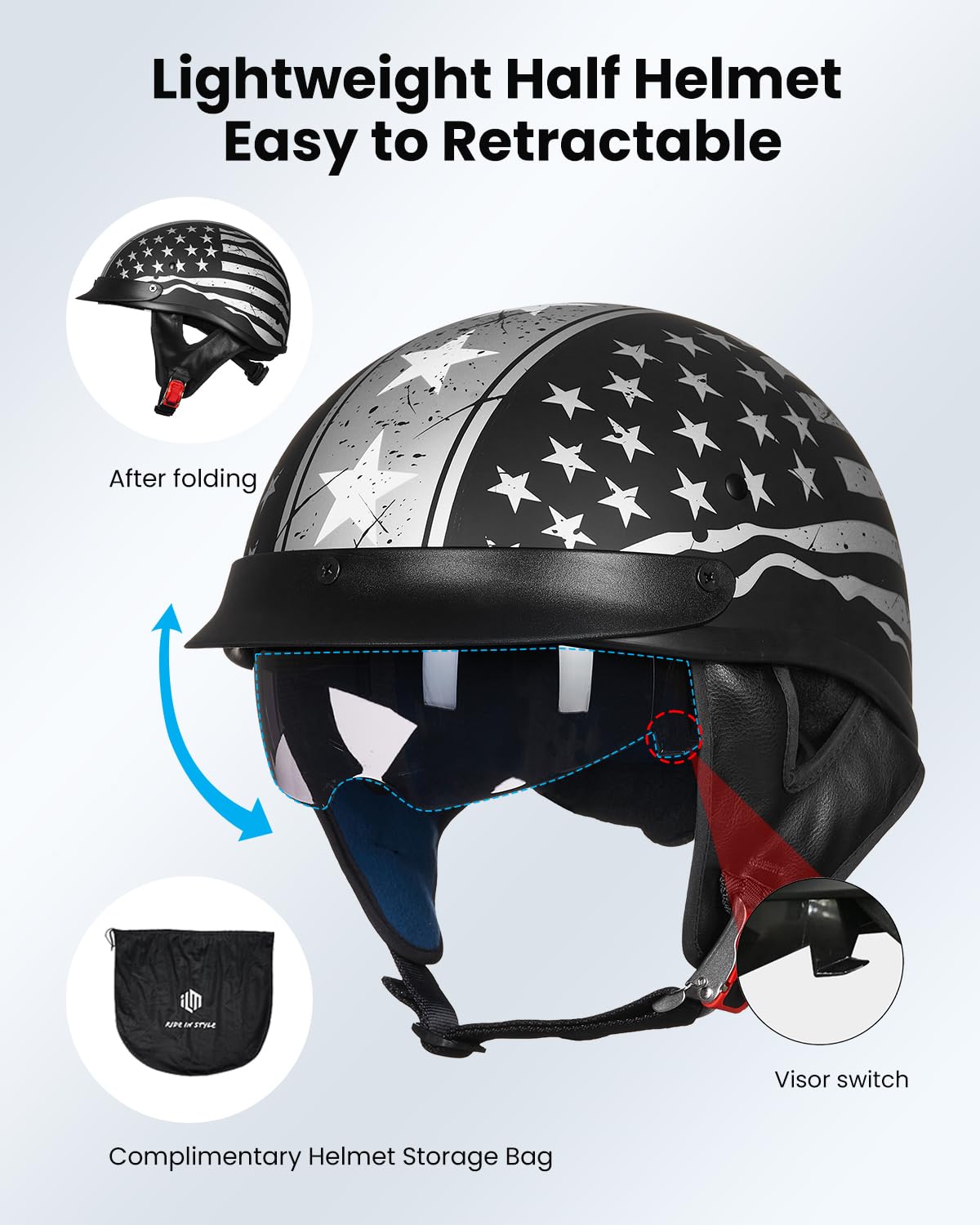 Ilm Half Helmet Motorcycle Open Face Sun Visor Quick Release Buckle Dot Approved Cycling Motocross Suits Men Women 205V (L, Patr