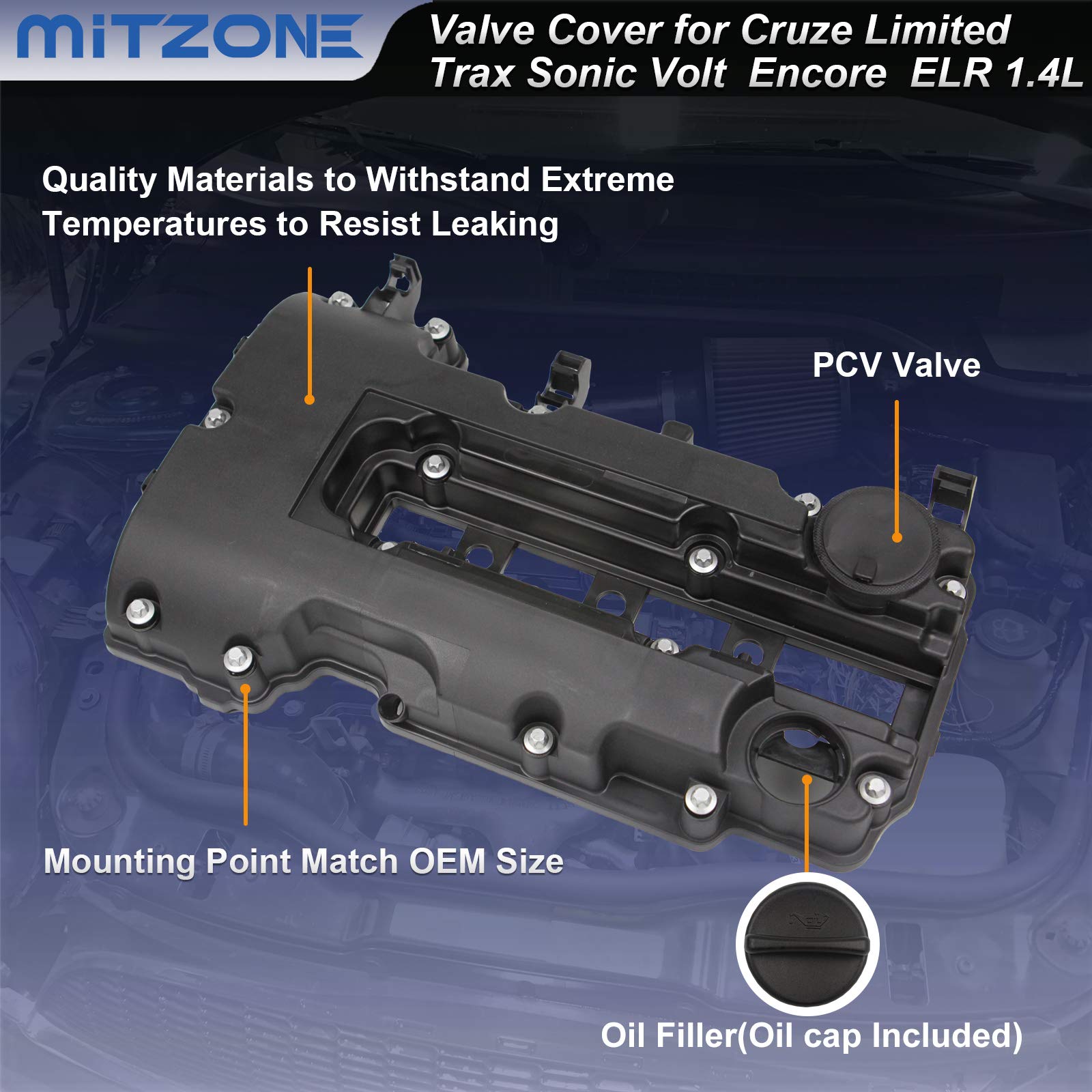 Mitzone Engine Valve Cover Compatible With 2011-2019 Chevy Cruze Sonic Volt Trax Buick Encore Cadillac Elr 1.4L Turbo Replace# 55573746 25198498 264-968