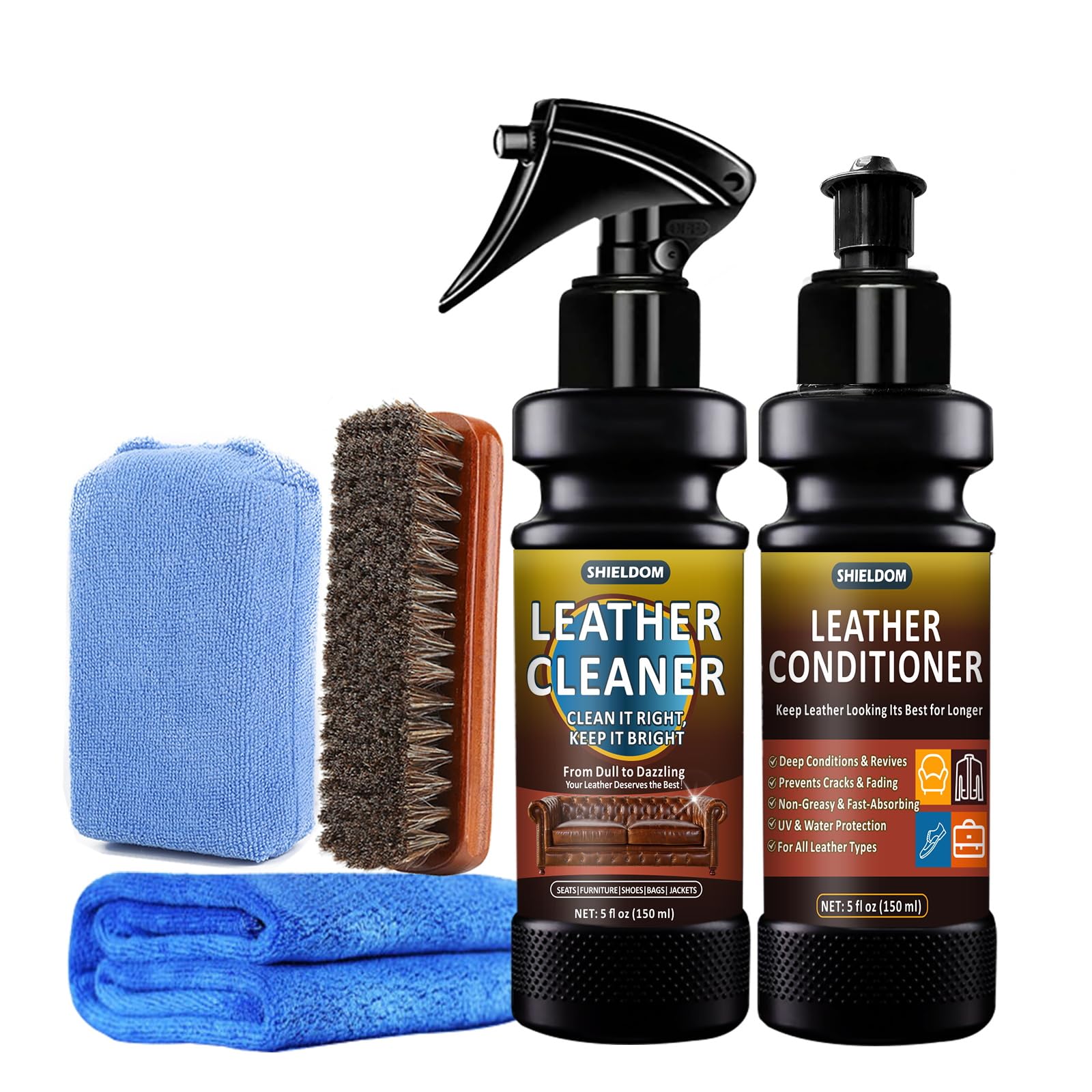 SHIELDOM Leather Cleaner and Conditioner Leather Care Detailing Kit to Clean, Soften, Protect & Restore Leathercraft - UV Protec