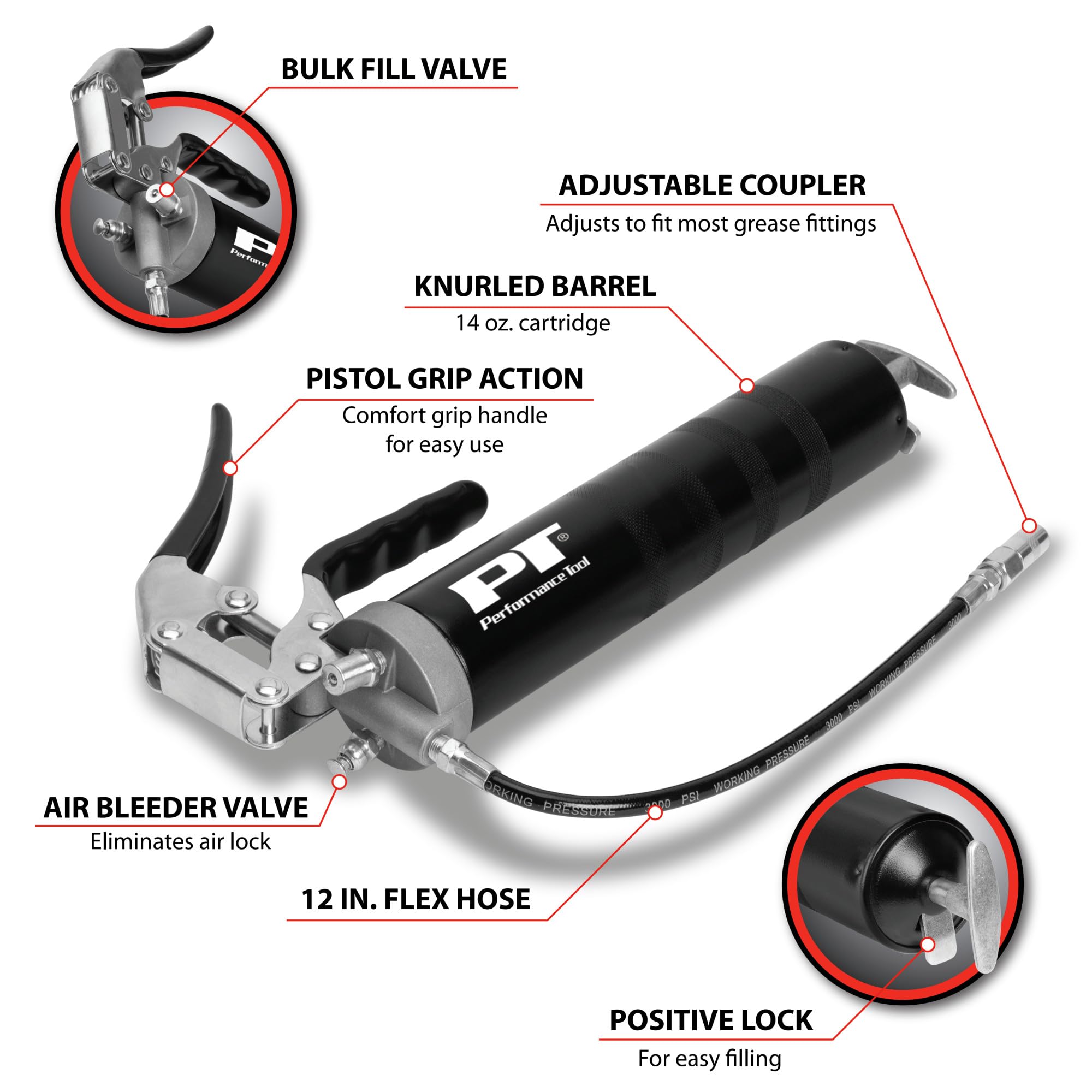 Performance Tool W54204 Professional 14Oz Pistol Grip Grease Gun, Ergonomic And Efficient Lubrication Solution For Industrial An