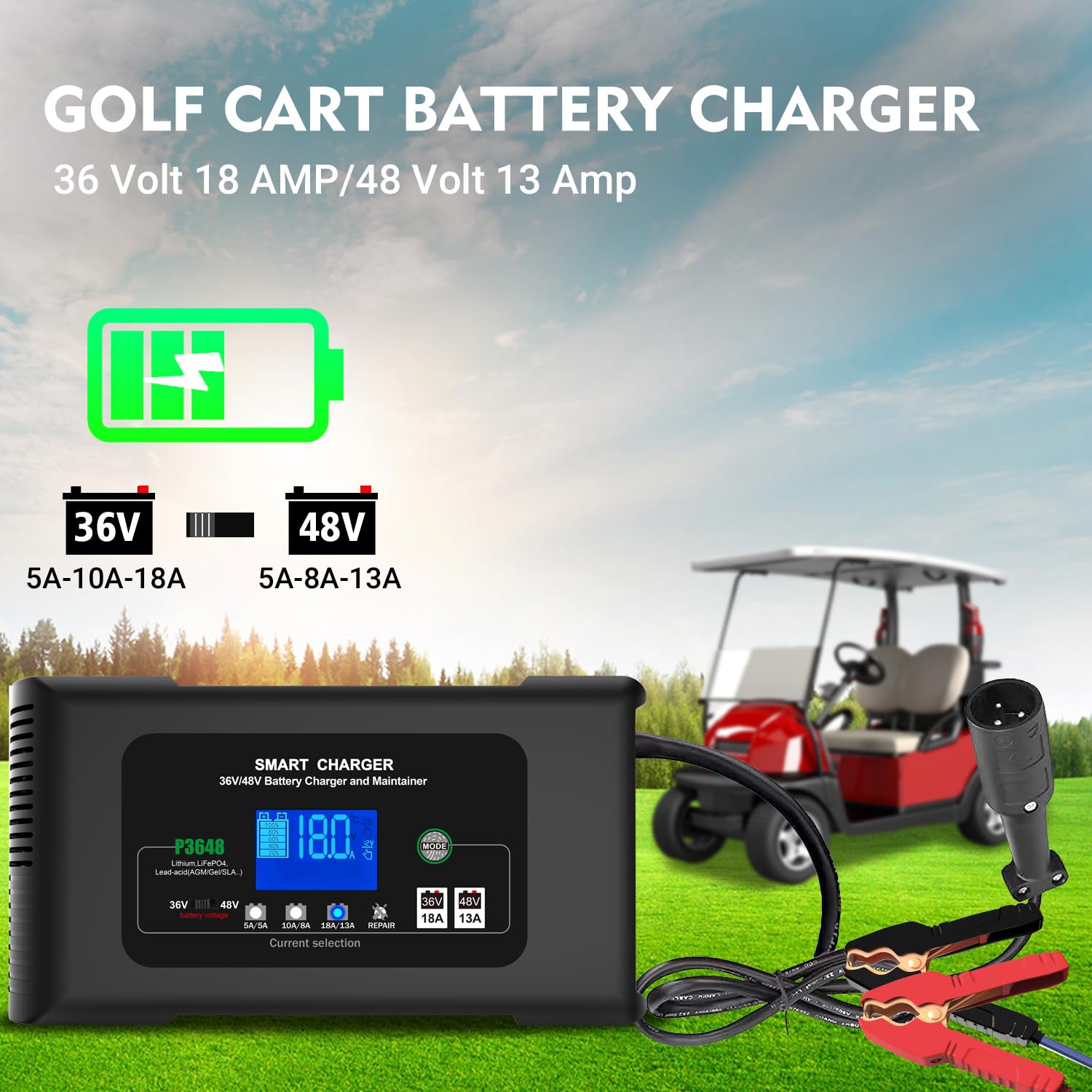 Golf Cart Battery Charger, 48V 13A And 36V 18A Trickle Battery Charger,48 Volt Cart Golf Charger,For 48 Volt Club Golf Car,Lithium,Lifepo4,Lead-Acid Agm/Gel/Sla..Battery Charger,3 Pin Round Plug