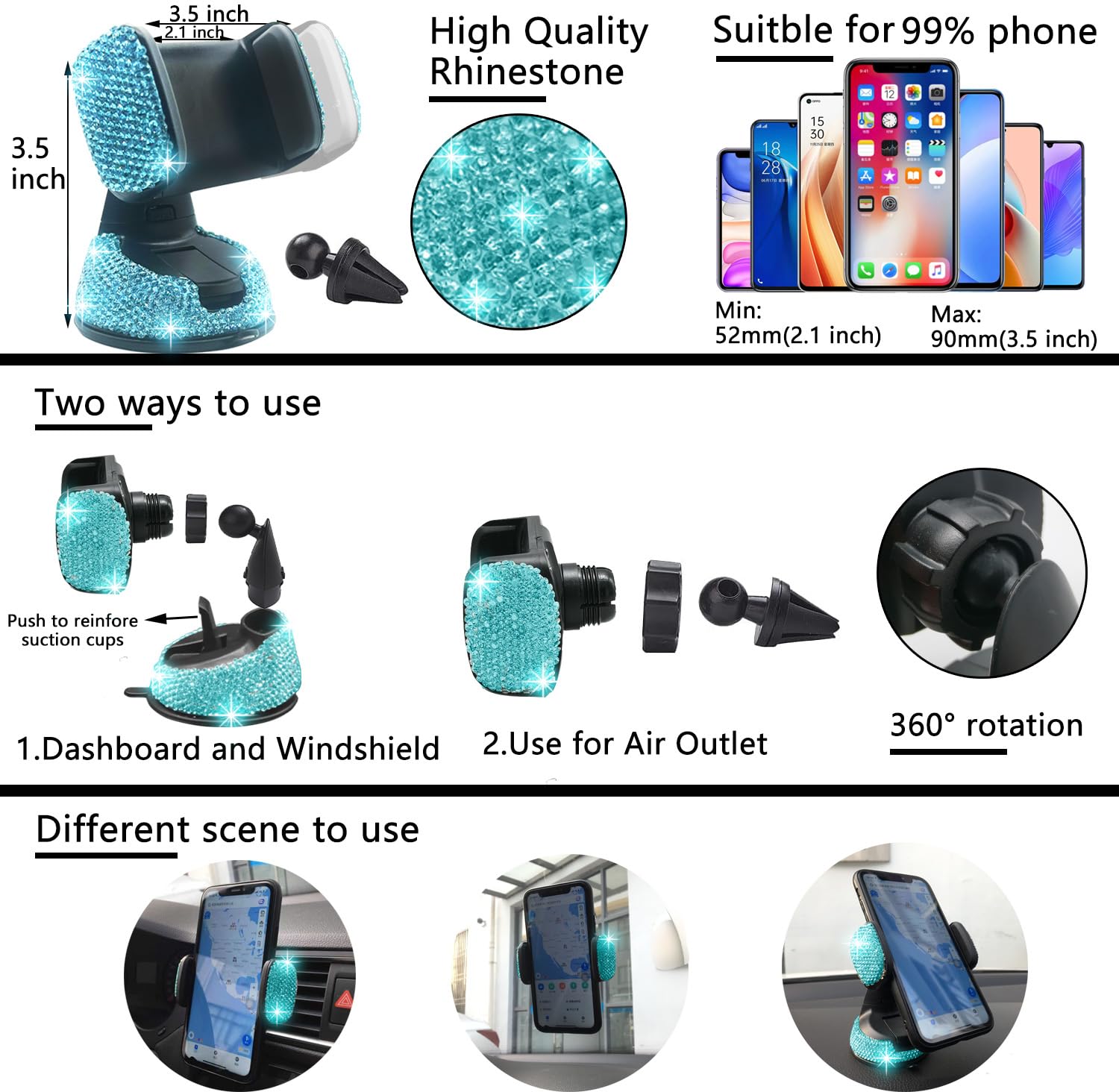 Nbtepem 27 Pcs Aquamrine Bling Car Accessories Set For Women, Bling Steering Wheel Covers Universal Fit 15 Inch, Bling License P