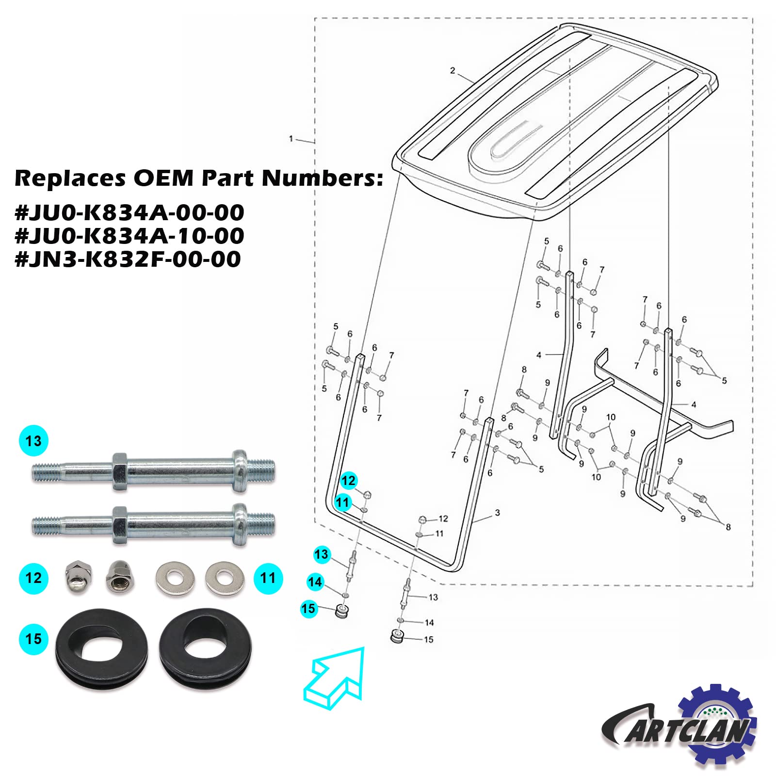 Cartclan Top Front Roof Support Bolt Stud And Grommet Repair Kits, Suitable For 2003-2007 Yamaha G22 Golf Carts Oem#Ju0-K834A-00