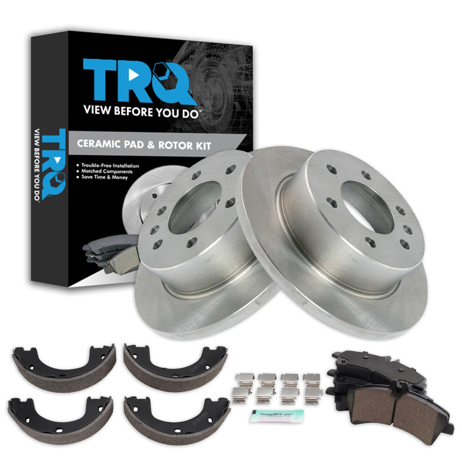 Trq Rear Brake Pad & Rotor Kit Brake Pads Brake Rotor Parking Brake Shoe Set Ceramic Compatible With 2007-2009 Dodge Sprinter 35