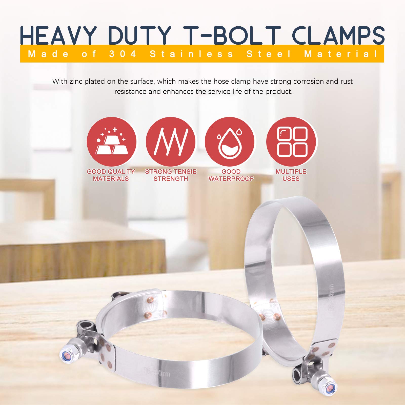 Hilitchi 2Pcs Stainless Steel T-Bolt Clamps With Rounded Band Edges Heavy Duty Turbo Intake Intercooler Clamp (86-94Mm) For 3 1/