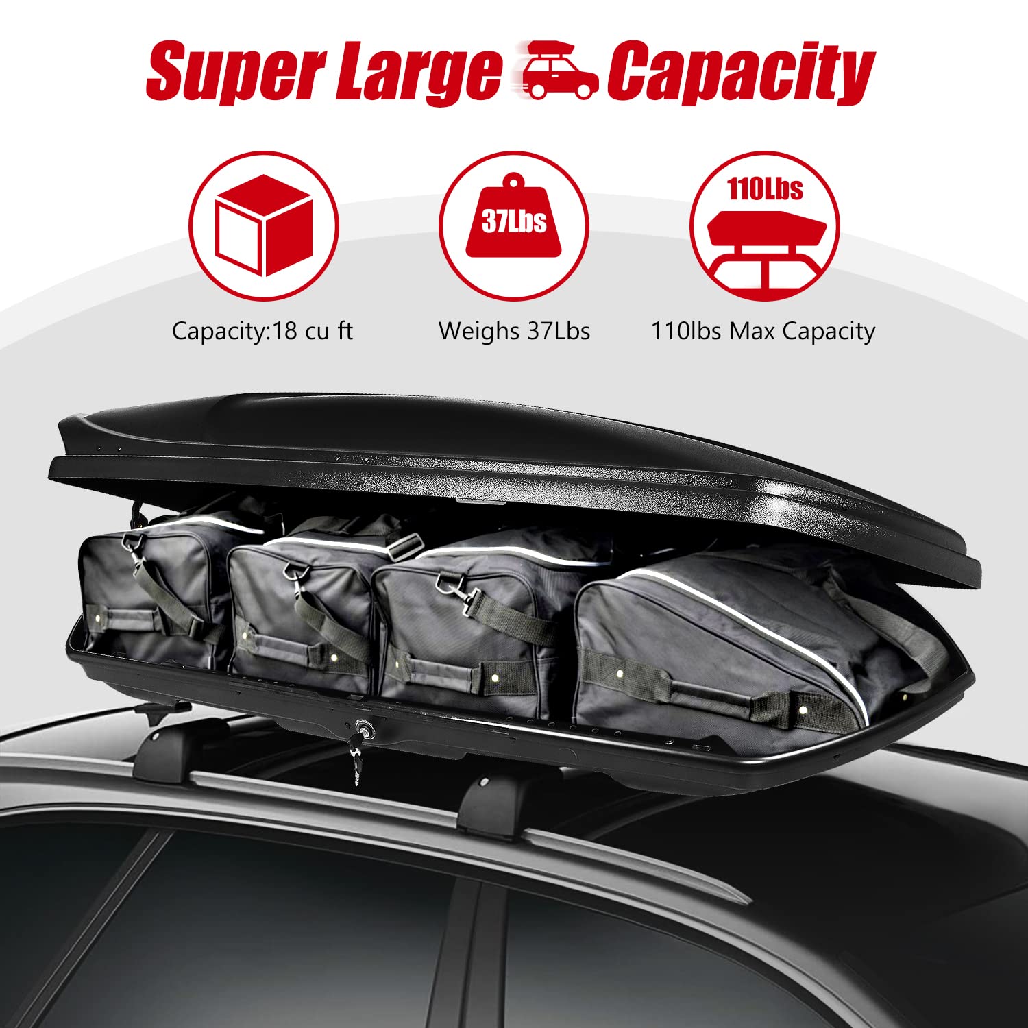 DNA MOTORING Extra Long XXL Rooftop Cargo Carrier Box Lockable Roof Luggage Storage Case w/Lock+Keys, 110Lb Capacity, 15 Cubic F