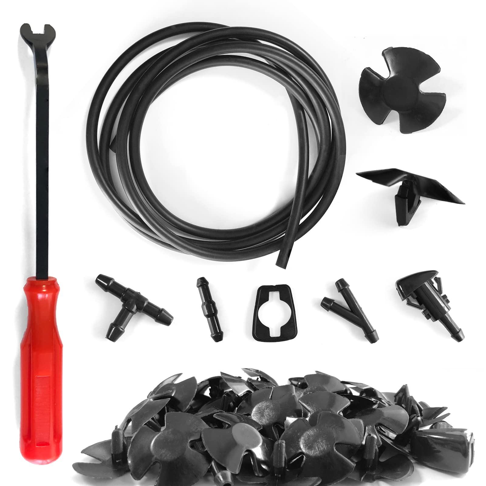 Windshield Washer Hose Kit, 2M Washer Fluid Hose+3 Pcs Hose Connectors+4 Fan Nozzles+4 Rubber Gaskets +30 Pcs Cap Heat Insulation Clips, Connect Car Water Pump And Nozzles, Suitable For Most Car