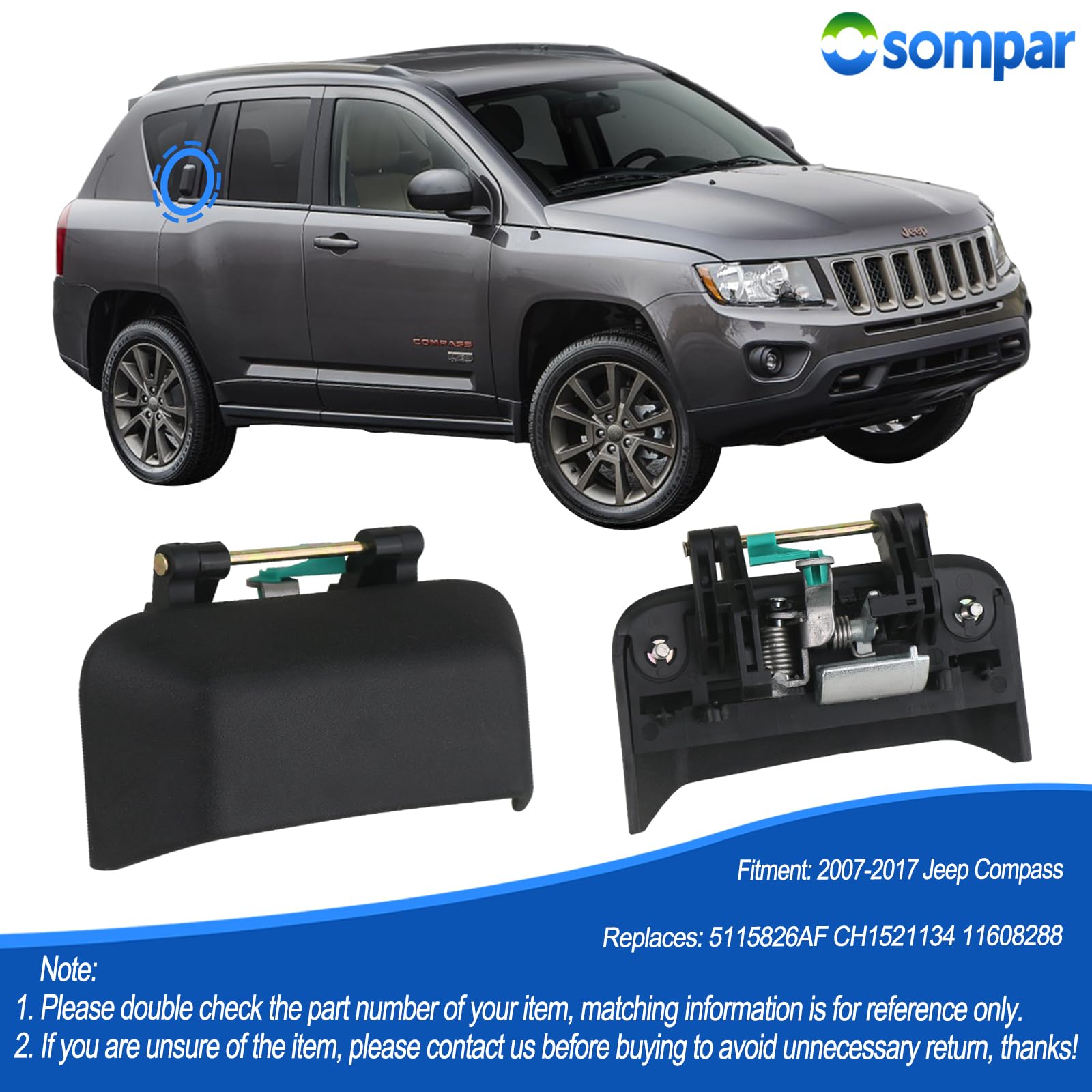 Osompar Exterior Door Handle Rear Passenger Right Side Compatible With Compass 2007-2017 Replaces 5115826Af