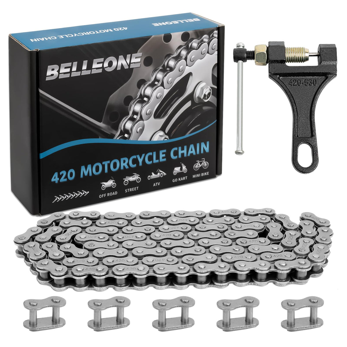 Belleone 420 Roller Chain 120 Links With 5 Free Connecting Links And Chain Breaker, Drive Chain Compatible With 50Cc 70Cc 90Cc,